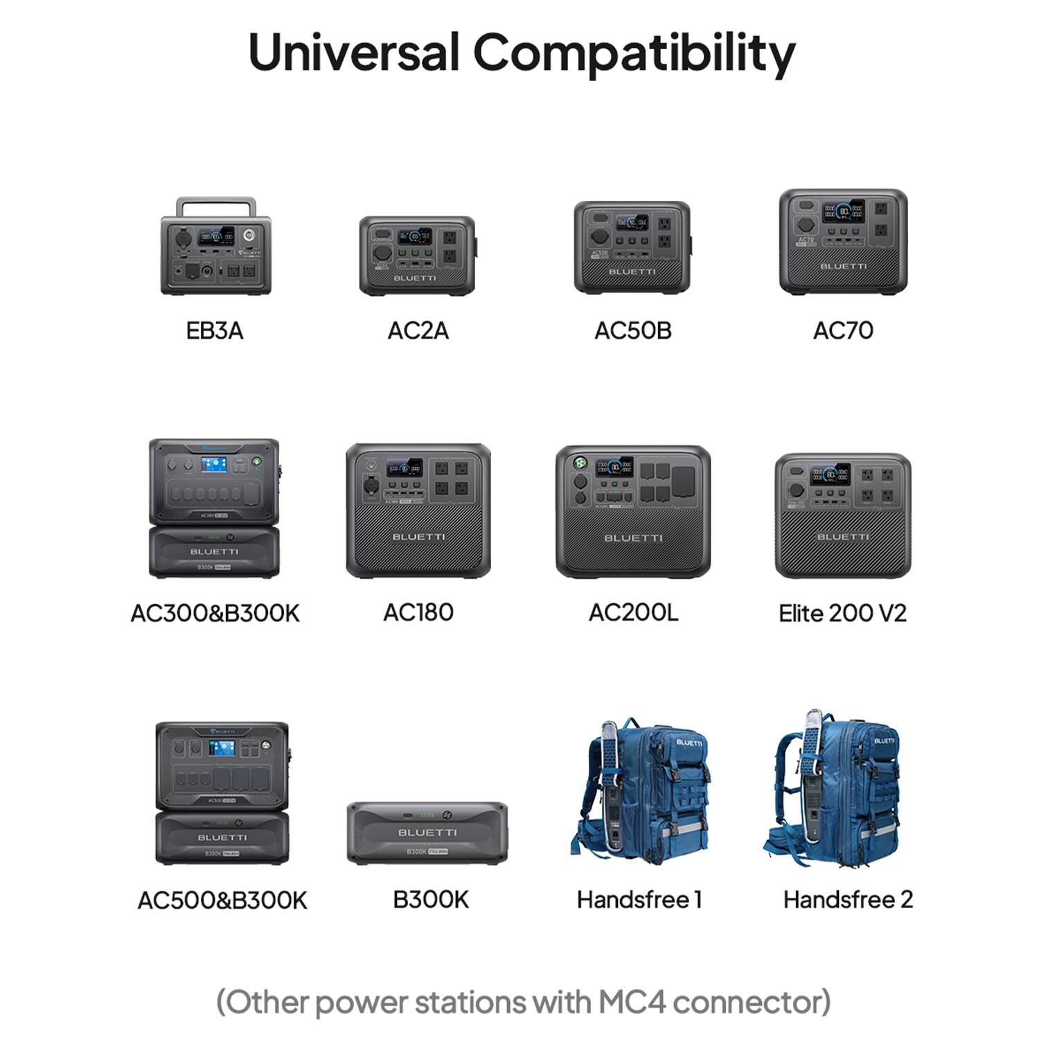 Universal Compatibility

BLUETTI

AC2A
AC50B
AC70

BLUETTI

AC300&B300K
AC180
AC200L
Elite 200 V2

BLUETTI

AC500&B300K
B300K
Handsfree 1
Handsfree 2

(Other power stations with MC4 connector)