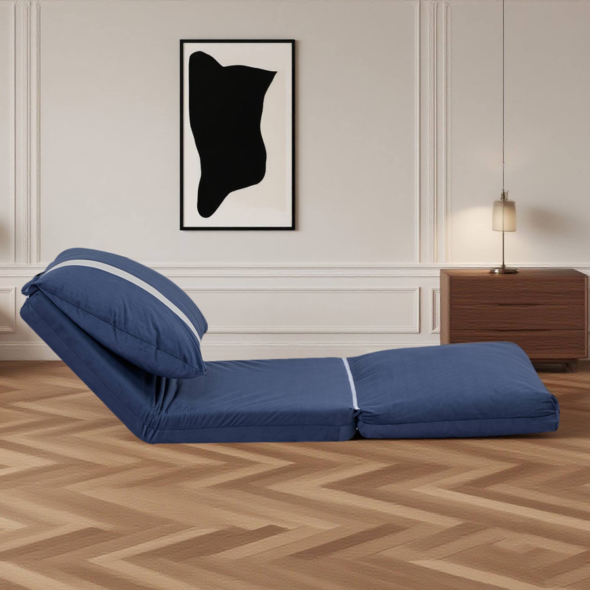 Angle. Siljoy - Adjustable Floor Sofa Bed for Adults & Pets, 6‑Position, 5‑Second Fold, Corduroy Fabric, Navy Blue/Beige - Navy Blue.