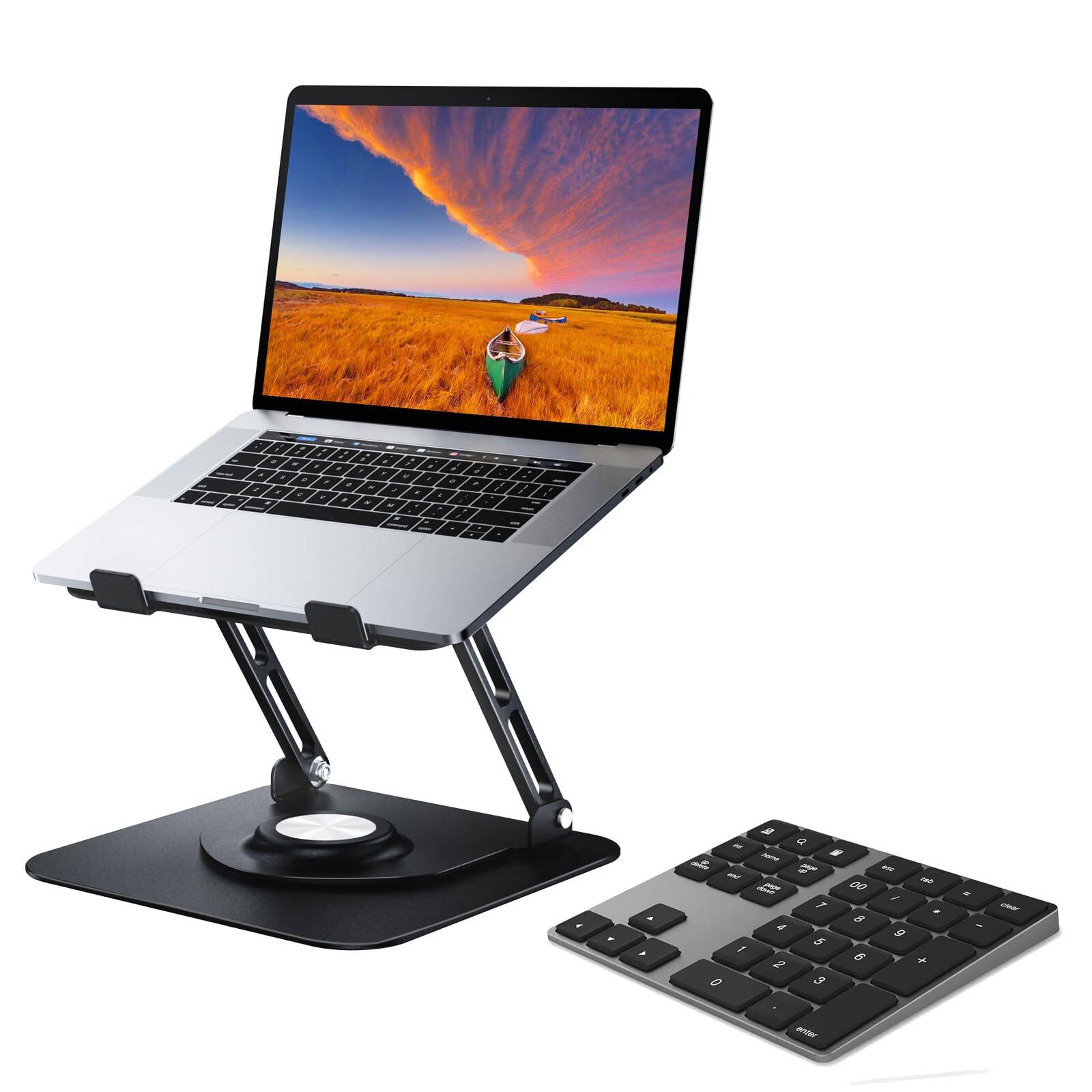 HongFei - Laptop Stand for Desk, Adjustable Computer Stand with 360° Rotating Base. USB-C Rechargeable Wireless Number Pad - Black