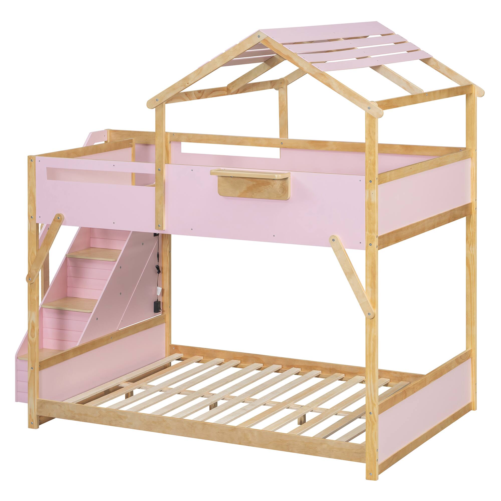 Alt View 2. Anysun - Full over Full House Bunk Bed with Stairs and 3-Color LED Lights - Pink.