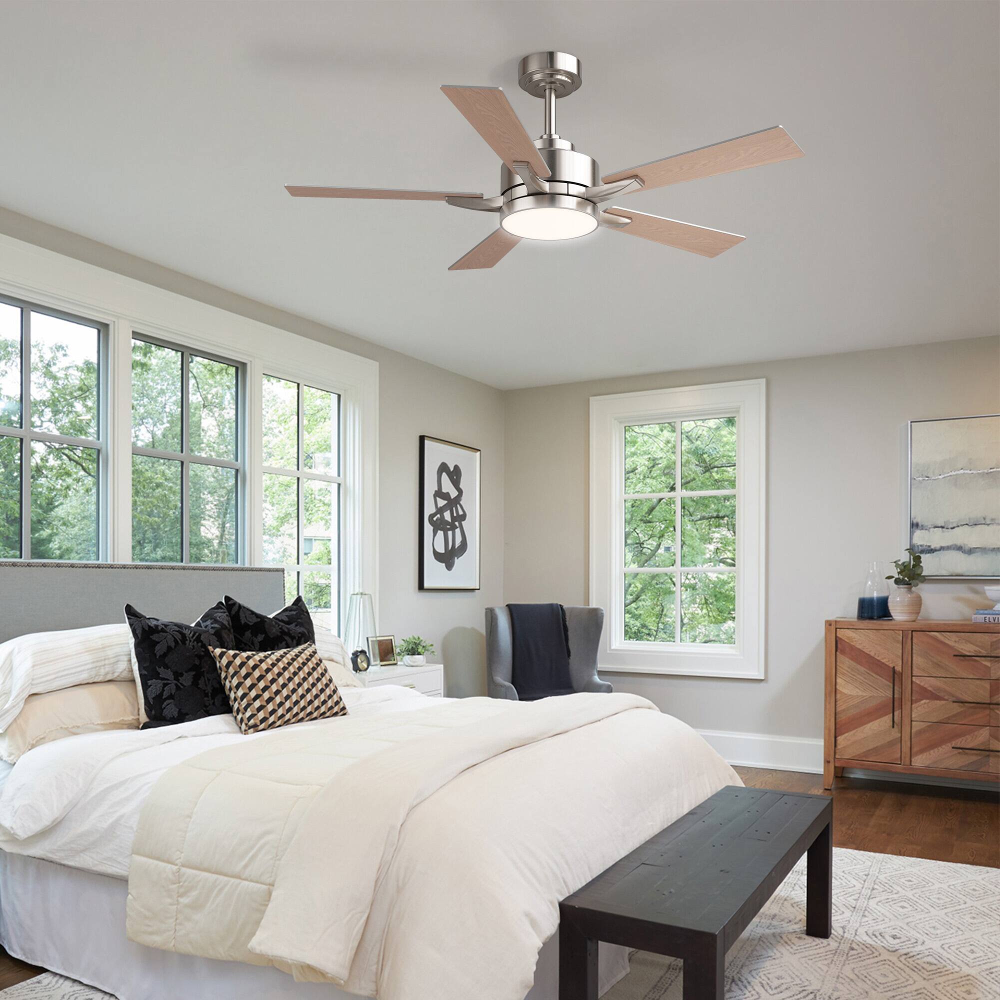 Angle. Siljoy - 42" Modern Low Profile Ceiling Fan with Light and APP/Remote,DC Reversible Motor ,Dimmable LED for Bedroom/Living Room - Nickel.