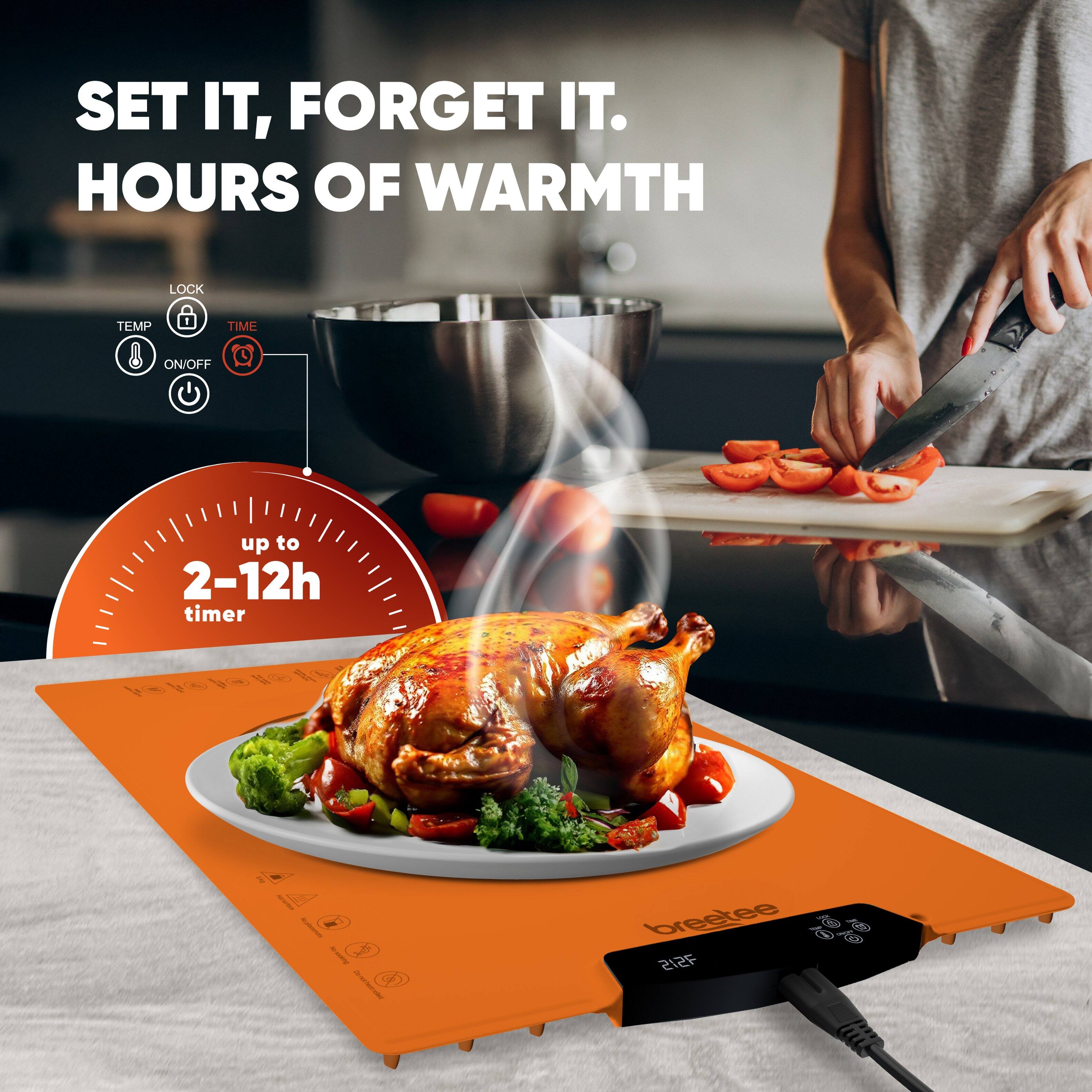 SET IT, FORGET IT.  
HOURS OF WARMTH  
LOCK TEMP TIME ON/OFF  
up to 2-12h timer  

breetee