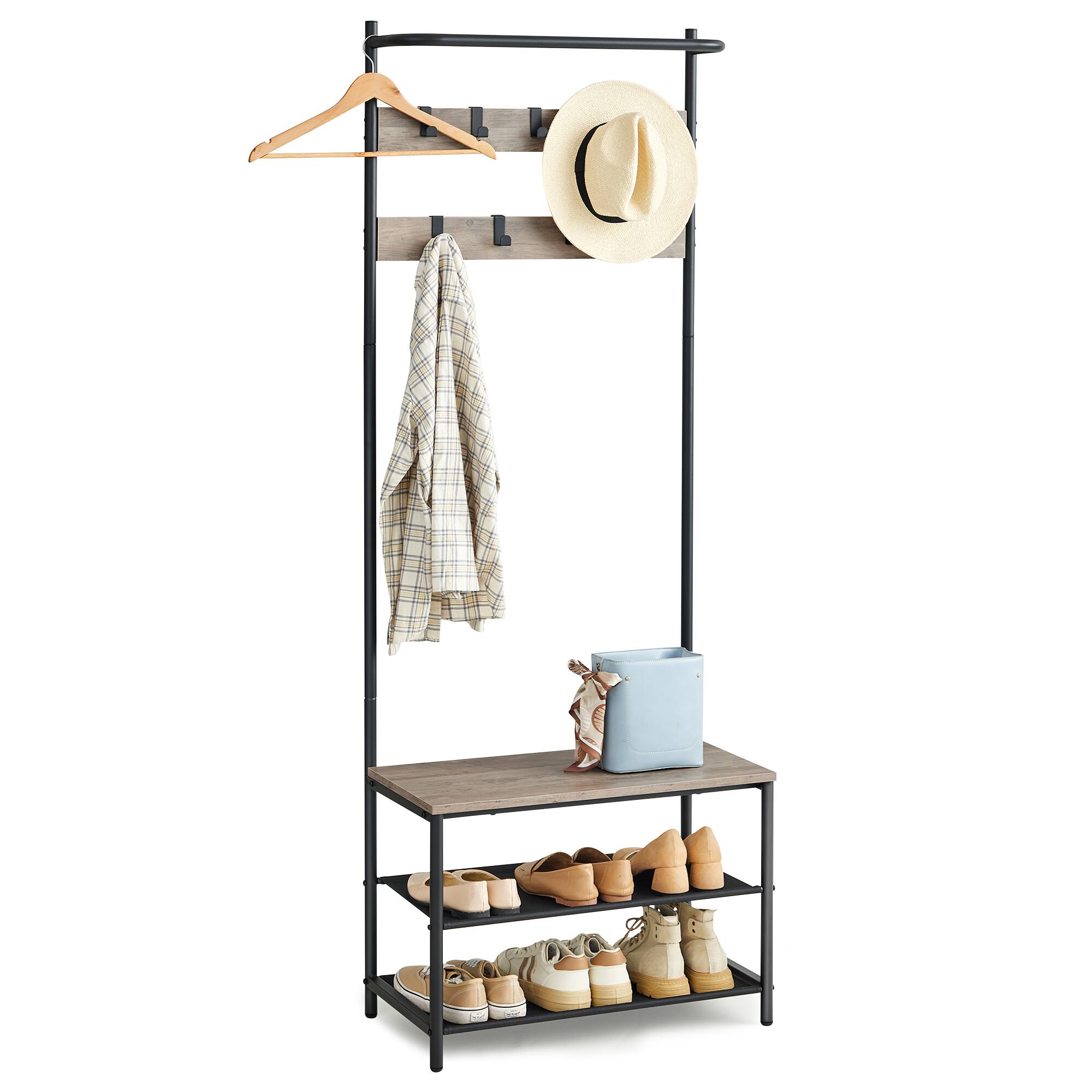 Front. Songmics Home - Hall Tree with Bench and Shoe Storage, Entryway Bench with Coat Rack Stand and Shoe Rack, 9 Movable Hooks, Top Bar - Greige and Black.