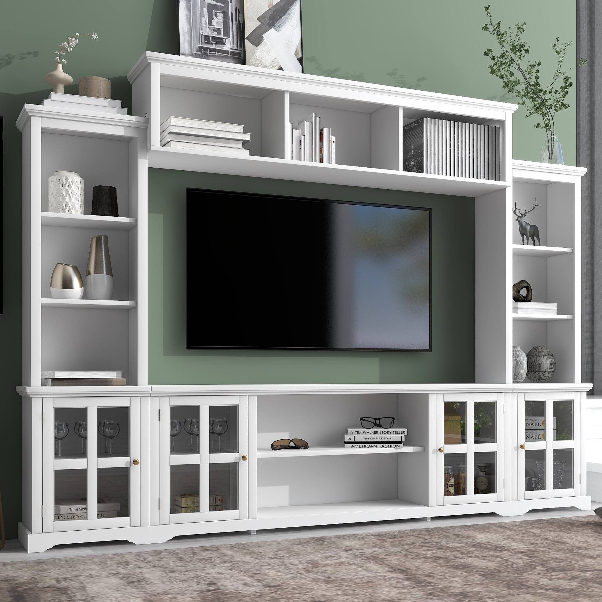 APRILSOUL - Minimalism Entertainment Wall Unit TV Console for TVs Up to 70 Tempered Glass - White