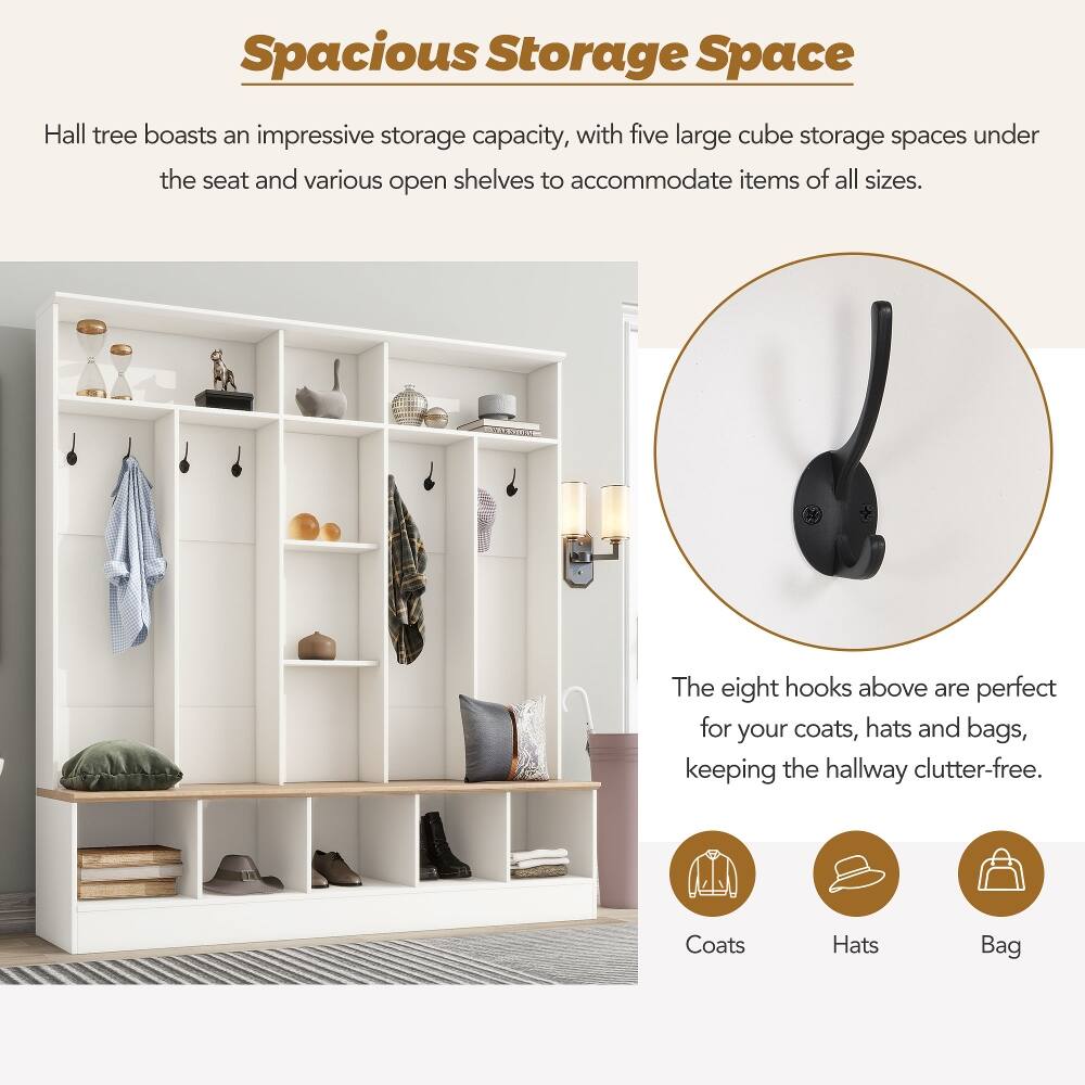 Spacious Storage Space

Hall tree boasts an impressive storage capacity, with five large cube storage spaces under the seat and various open shelves to accommodate items of all sizes.

The eight hooks above are perfect for your coats, hats and bags, keeping the hallway clutter-free.

Coats
Hats
Bag