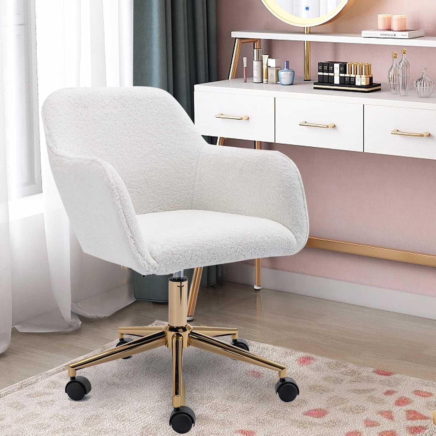 Alt View 7. Trinkets Crazed - Modern Teddy Fabric Material Adjustable Height 360 Revolving Home Office Chair With Gold Metal Legs - white.