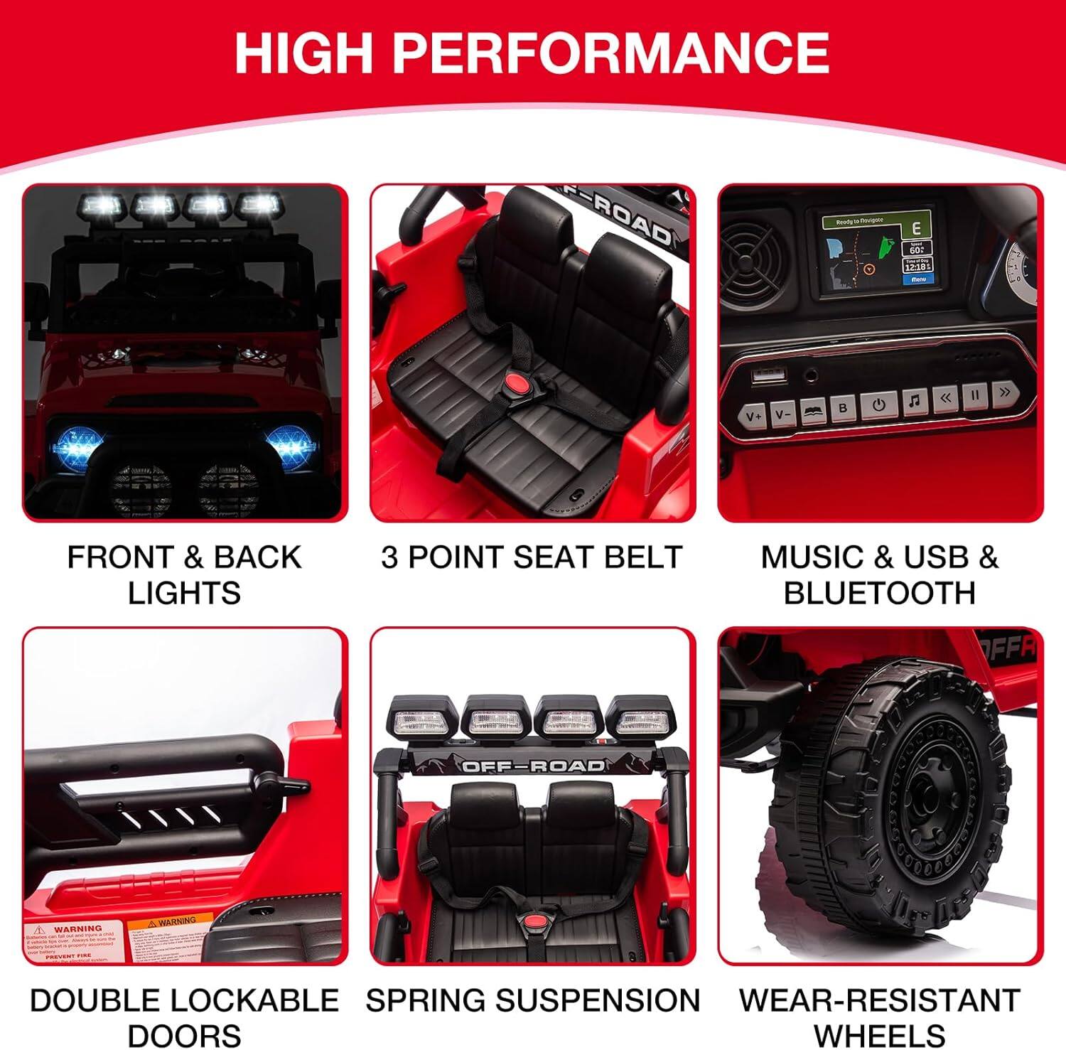 HIGH PERFORMANCE F-ROAD - E 60: 1230 V+ V I B

FRONT & BACK LIGHTS  
3 POINT SEAT BELT  
MUSIC & USB & BLUETOOTH  
FFR OFF-ROAD  
WARNING ST: DOUBLE LOCKABLE SPRING SUSPENSION  
WEAR-RESISTANT DOORS  
WHEELS