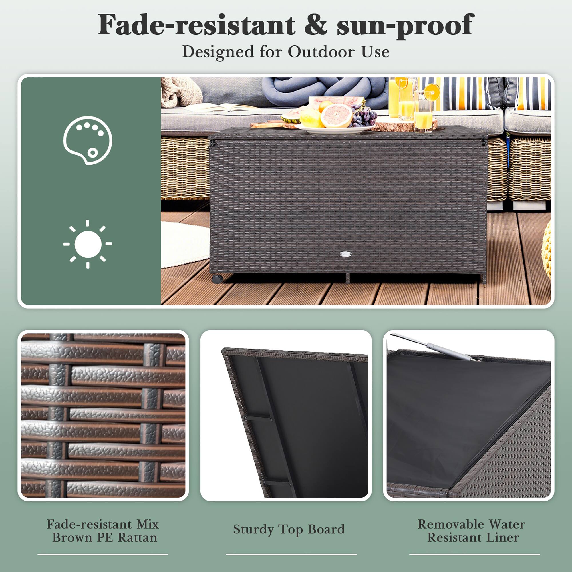 Fade-resistant & sun-proof  
Designed for Outdoor Use

Fade-resistant Mix Brown PE Rattan  
Sturdy Top Board  
Removable Water Resistant Liner