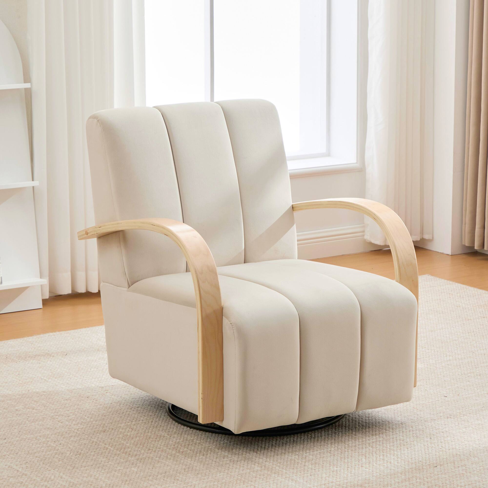 Left. APRILSOUL - 30W Modern Upholstered 360 Swivel Accent Chair Solid Wood Armrests Channel Tufted Hotel Living Room Beige - Beige.