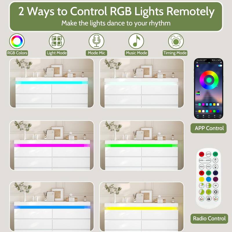 2 Ways to Control RGB Lights Remotely  
Make the lights dance to your rhythm

- RGB Colors
- Light Mode
- Mode Mic
- Music Mode
- Timing Mode

APP Control

Radio Control