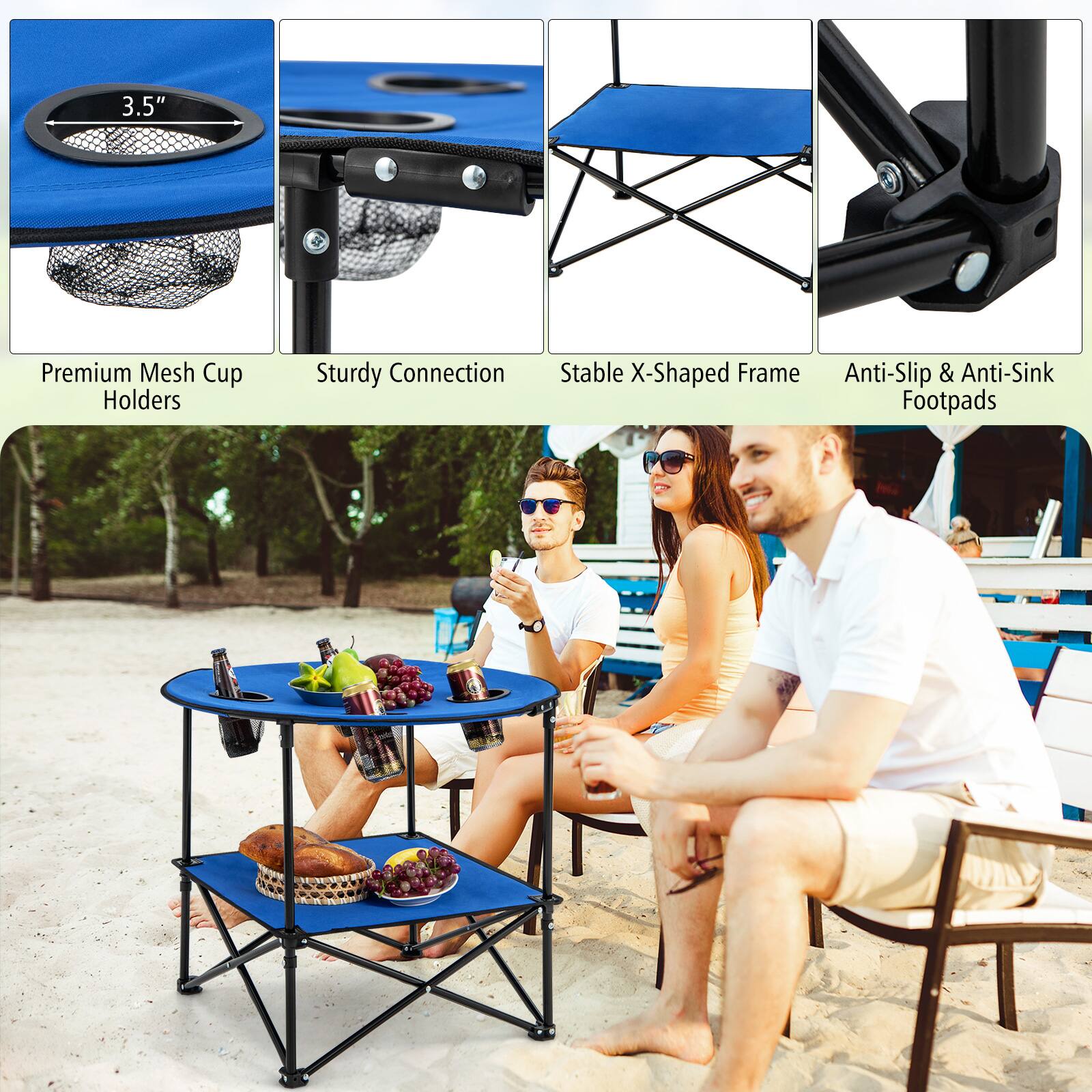 The image features a group of three people sitting around a blue table. The table has a blue tarp and is accompanied by a blue chair. The people are enjoying their time together, possibly at a beach or a similar outdoor setting. The table is equipped with 3.5" premium mesh cup holders that provide a sturdy connection and a stable X-shaped frame. Additionally, the cup holders have anti-slip and anti-sink footpads to ensure the table remains stable and secure on the ground.