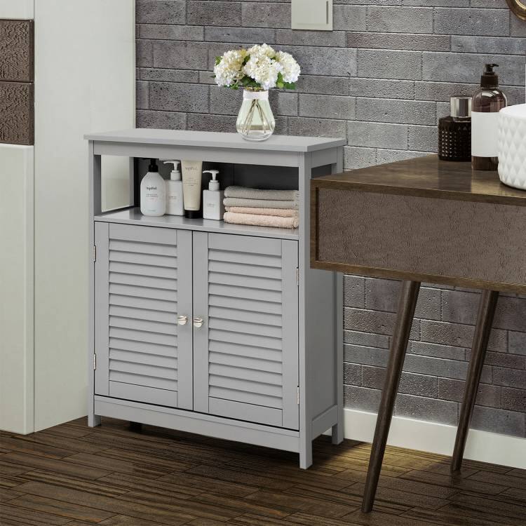 Left. Hivvago - Grey Farmhouse Bathroom Linen Cabinet with Louvered Doors and Open Shelf - Grey.