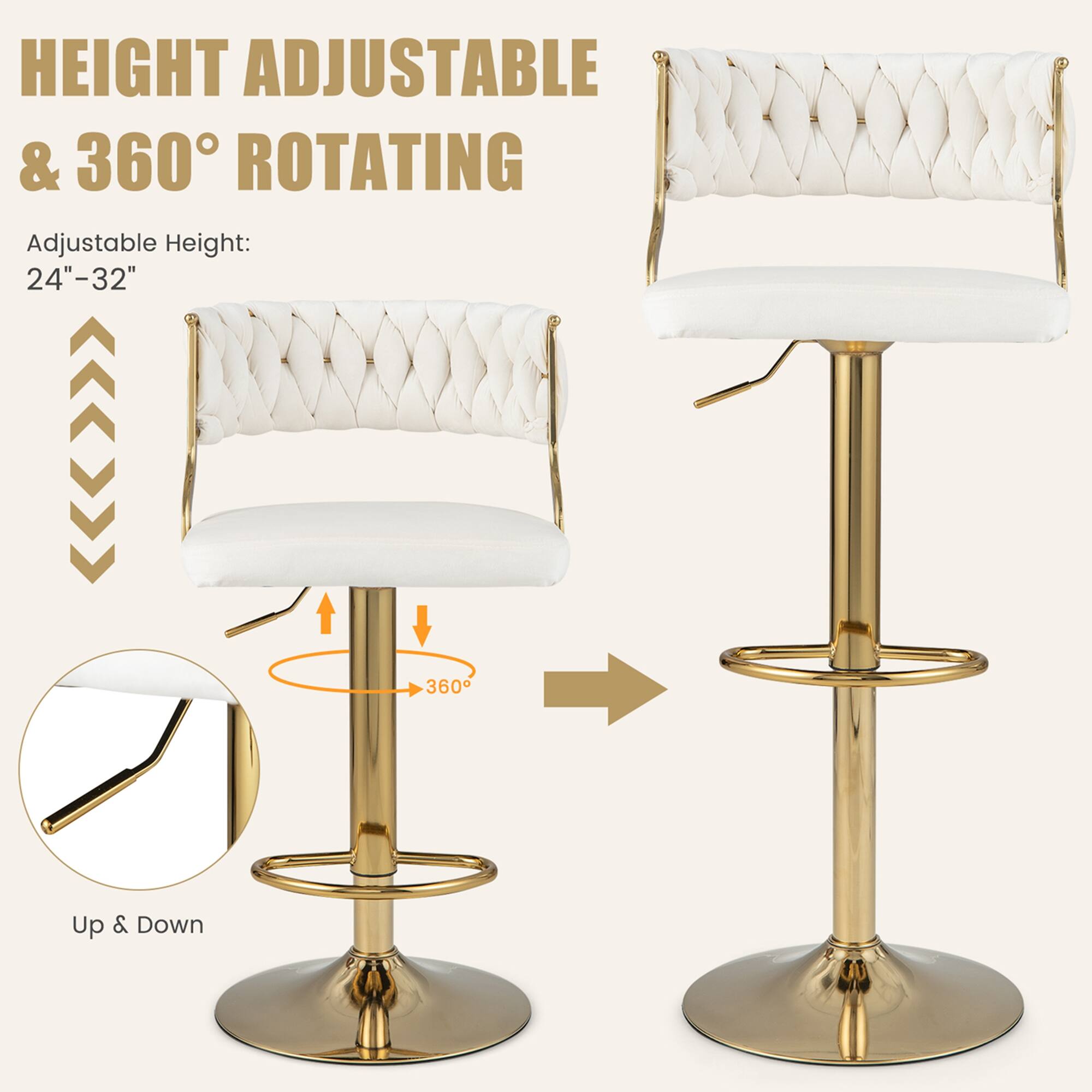 The text on the image is grouped and corrected as follows:

"Height Adjustable & 360 Rotating: Adjustable Height: 24"-32" 360 Up & Down."