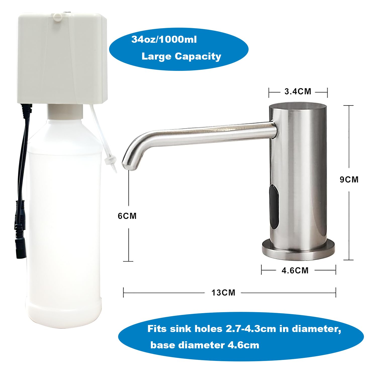 34oz/1000ml Large Capacity

Fits sink holes 2.7-4.3cm in diameter, base diameter 4.6cm

Dimensions:
- 3.4CM
- 9CM
- 6CM
- 13CM
- 4.6CM