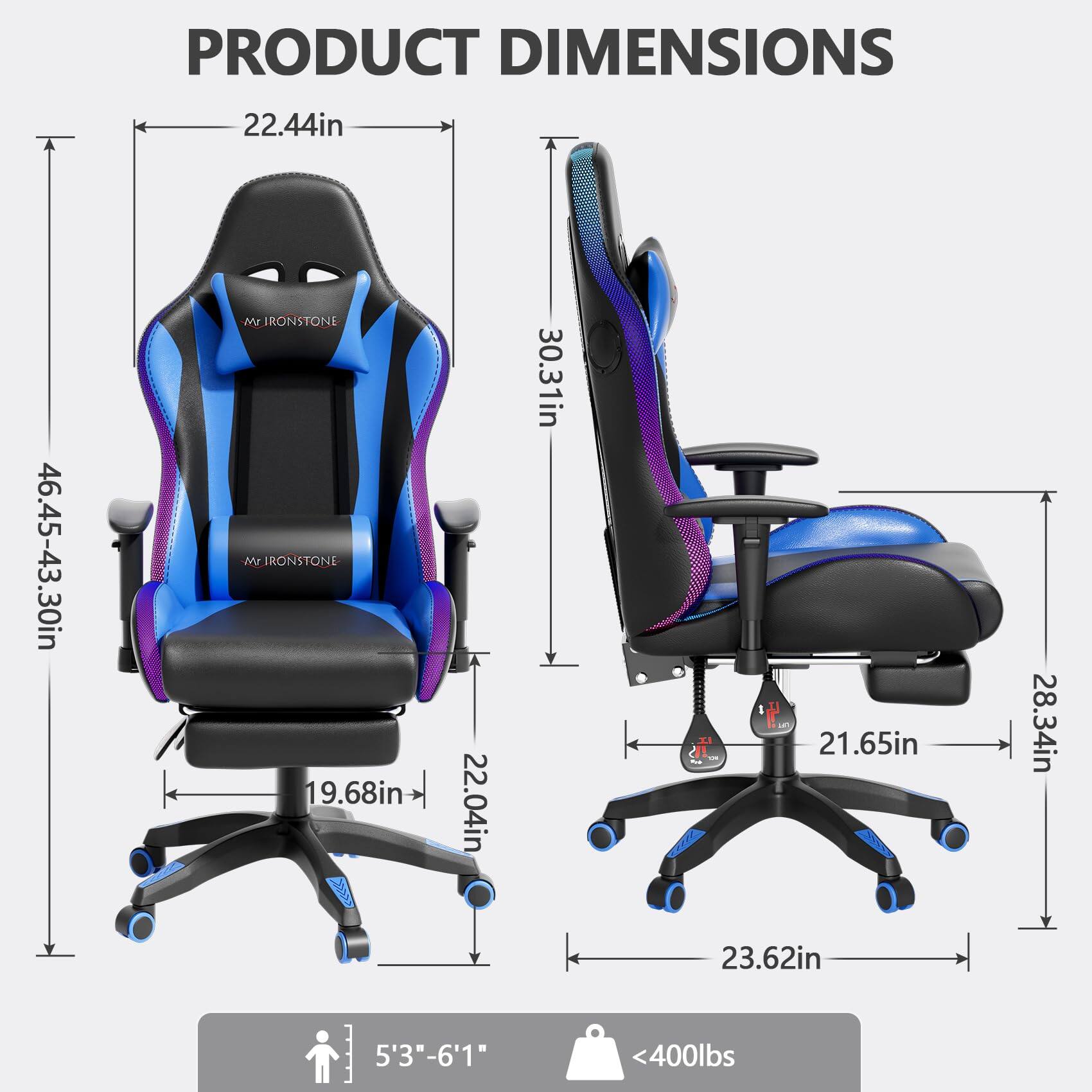 PRODUCT DIMENSIONS

- Width: 22.44in
- Height: 46.45-43.30in
- Depth: 30.31in
- Seat Height: 19.68in
- Seat Width: 22.04in
- Back Height: 30.31in
- Armrest Height: 21.65in
- Armrest Width: 28.34in
- Base Width: 23.62in

- Suitable for height: 5'3" - 6'1"
- Weight Capacity: <400lbs