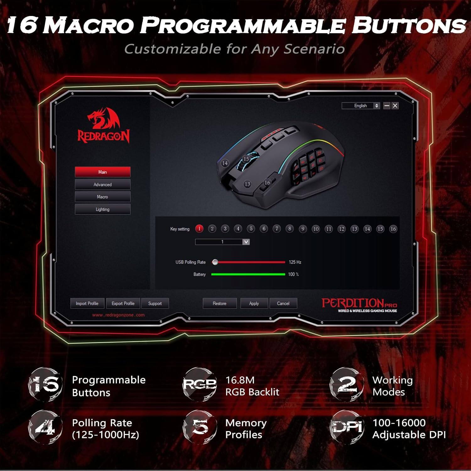 The text on the image is grouped and corrected as follows:

1. 16 Macro Programmable Buttons: Customizable for Any Scenario
2. Redragon Miain 14 5 Advanced 3 16 Macro Lighting Key Selling I
3. 2 5 4 5 6 7 5 9 10 11 12 13 14 15 16 1
4. V USA Polling Rate 125Hz H Battery 100 1 Input Profile Export Profile Support [www.redragonzone.com](http://www.redragonzone.com) Restore Apply Cancel
5. PERDITIONPR PNC Wireless Eris - 1S Programmable Buttons 16.8M RG RGB Backlit 2 Working Modes Polling Rate 4 (125-1000Hz) 5 Memory Profiles DPi 100-16000 Adjustable DPI
