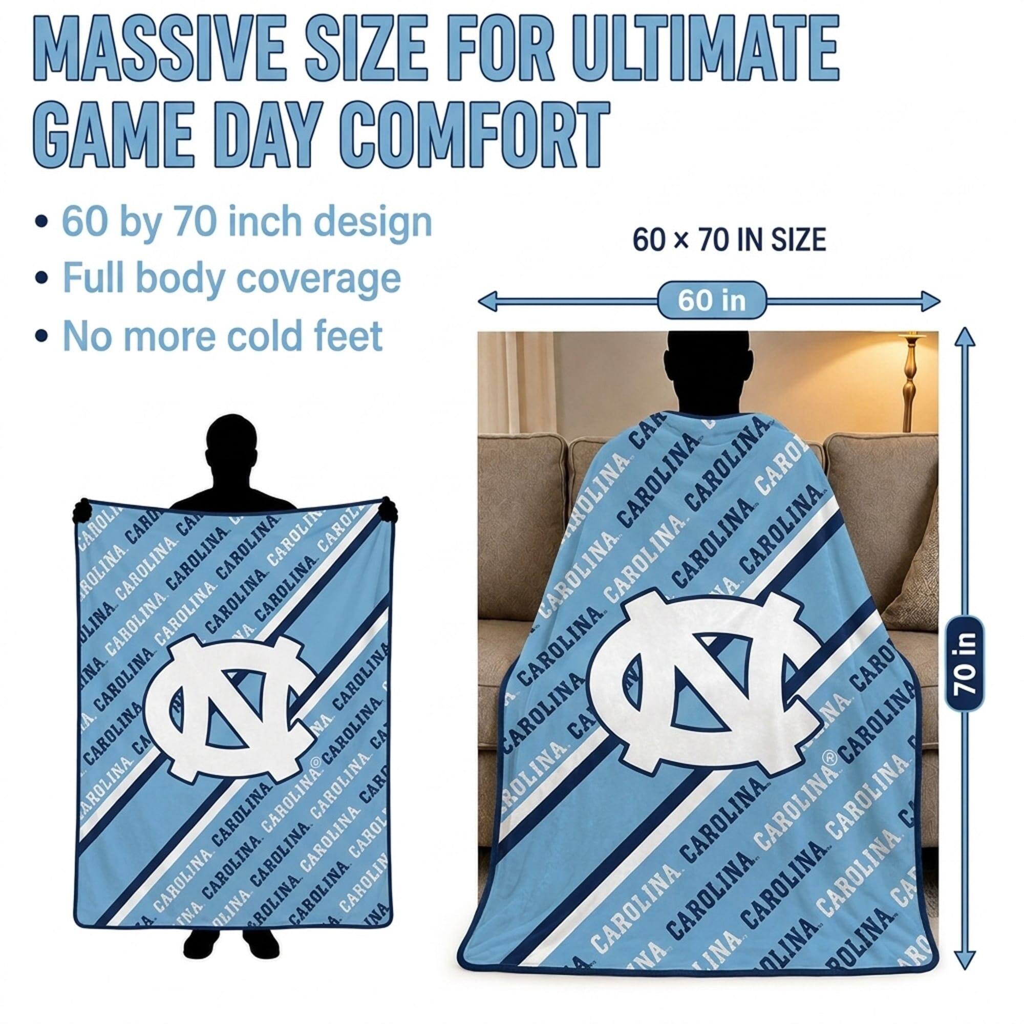 MASSIVE SIZE FOR ULTIMATE GAME DAY COMFORT  
60 by 70 inch design  
Full body coverage  
No more cold feet  

60 x 70 IN SIZE  
60 in  
70 in