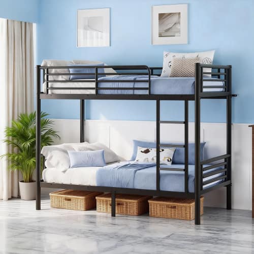 Winado - Metal Twin Bunk Bed Frame with Safety Rails Flat Ladder Full-Length Guardrail No Boxing Spring Needed for Teens Bedroom - Black