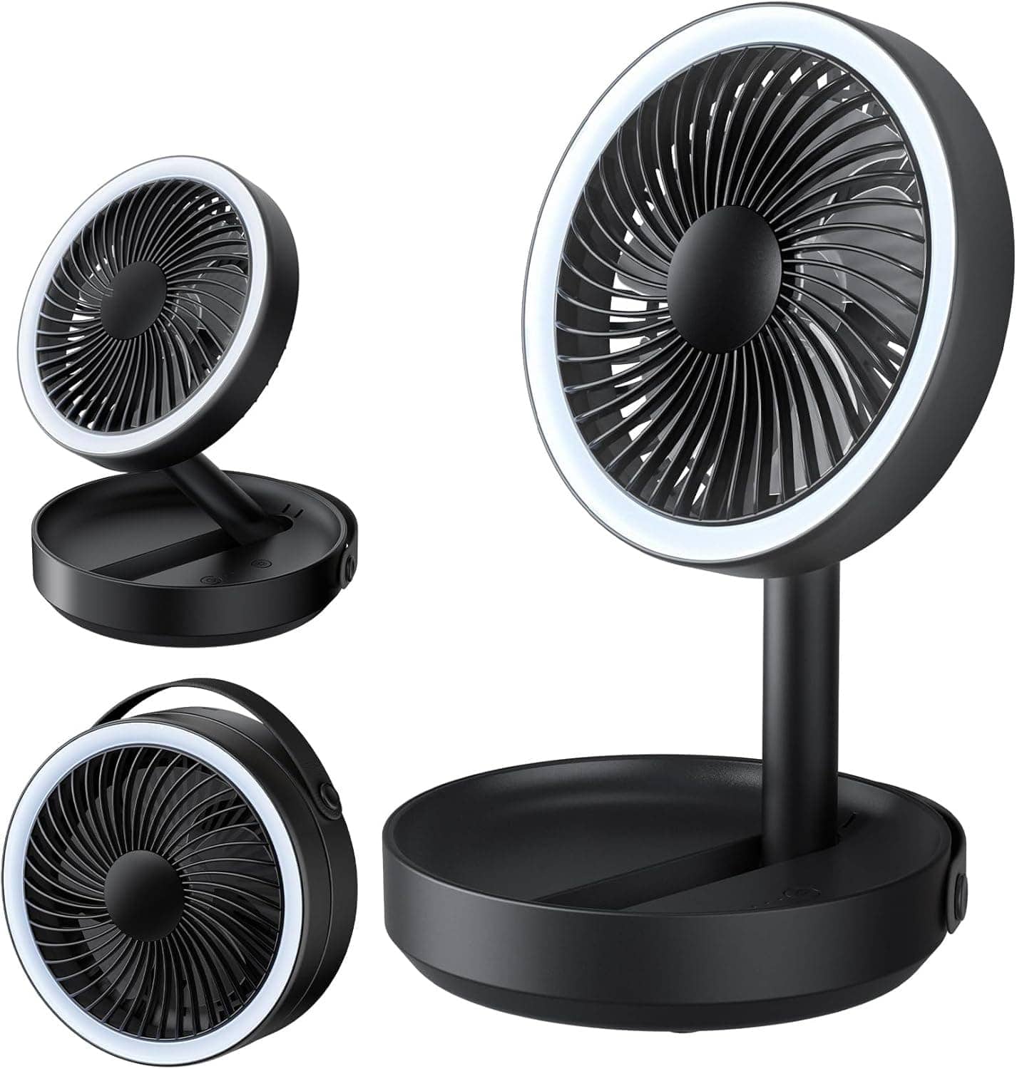 FINEAK - 6000mAh Foldable LED Desk Fan, USB Rechargeable Portable Fan for Office Travel (Black)