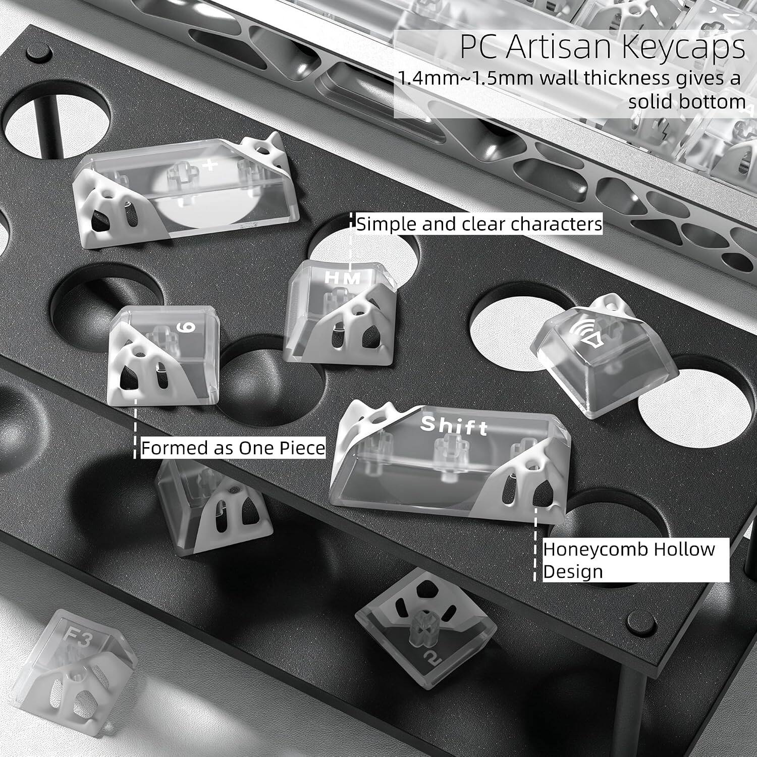 PC Artisan Keycaps  
1.4mm~1.5mm wall thickness gives a solid bottom  
Simple and clear characters  
HM  
Formed as One Piece  
Shift  
Honeycomb Hollow Design  
F3  
5