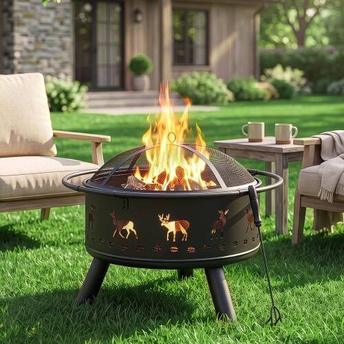 Alt View 9. Winado - 30in Metal Fire Pit Stove, Portable Round Wood Burning with Cover, Handle Ring for Outdoor Camping Garden Party Picnic - Black-Elk Pattern.