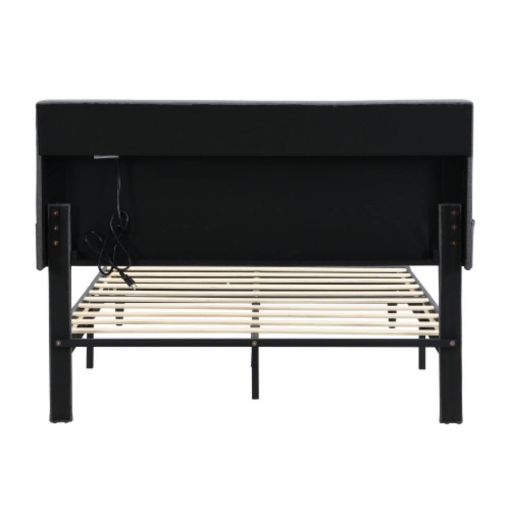 Alt View 1. LUCKY ONE - Queen Size Platform Bed Frame with USB Outlet and Storage Compartments, Heavy Duty Metal Slats, No Box Spring Needed - Black+Brown+Grey.