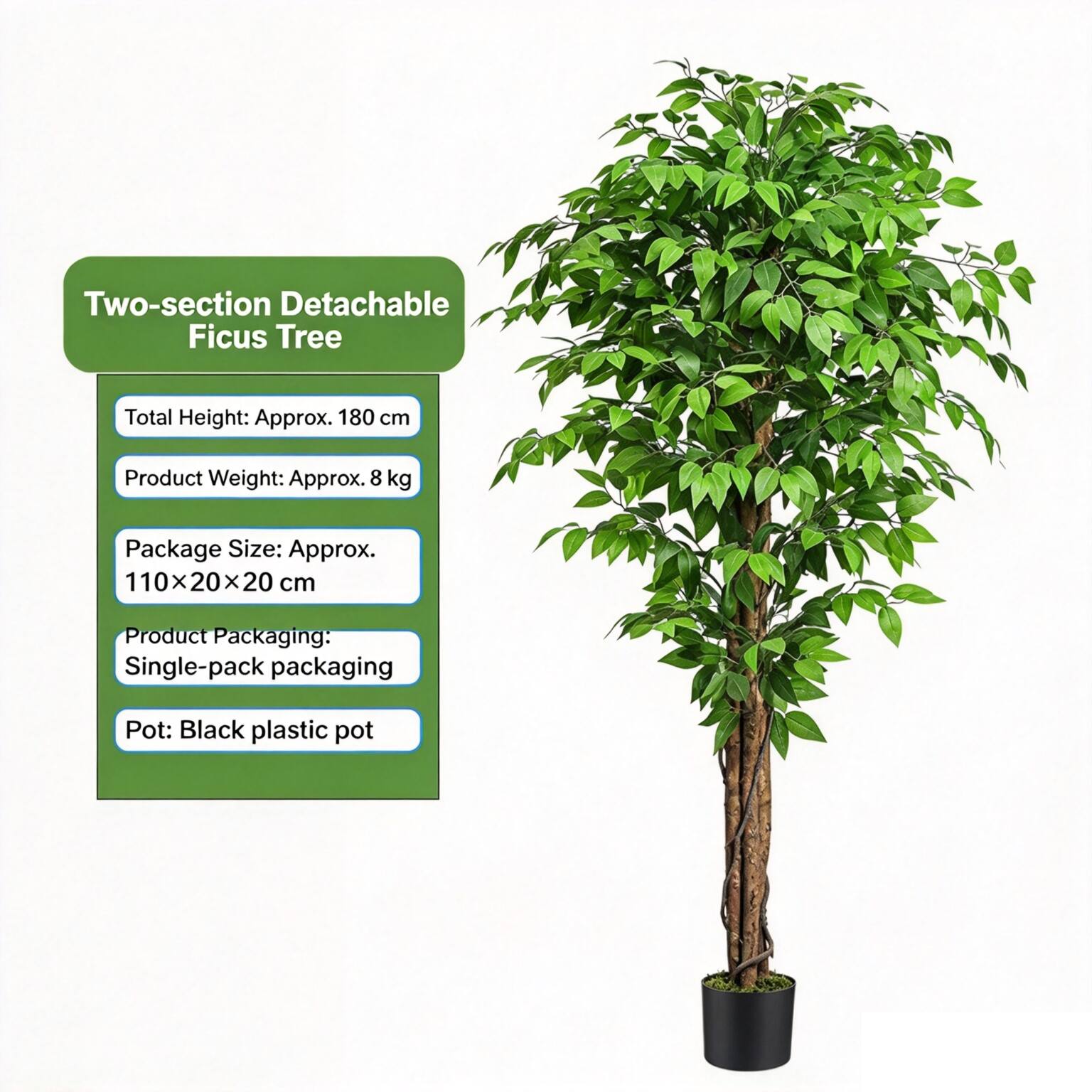 Two-section Detachable Ficus Tree

- Total Height: Approx. 180 cm
- Product Weight: Approx. 8 kg
- Package Size: Approx. 110x20x20 cm
- Product Packaging: Single-pack packaging
- Pot: Black plastic pot