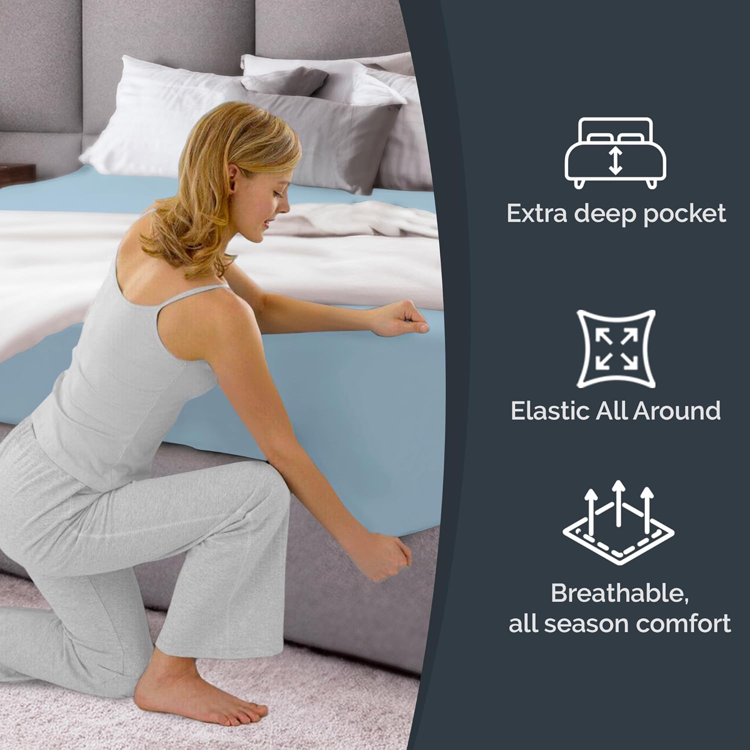 1. Extra deep pocket  
2. Elastic All Around  
3. Breathable, all season comfort