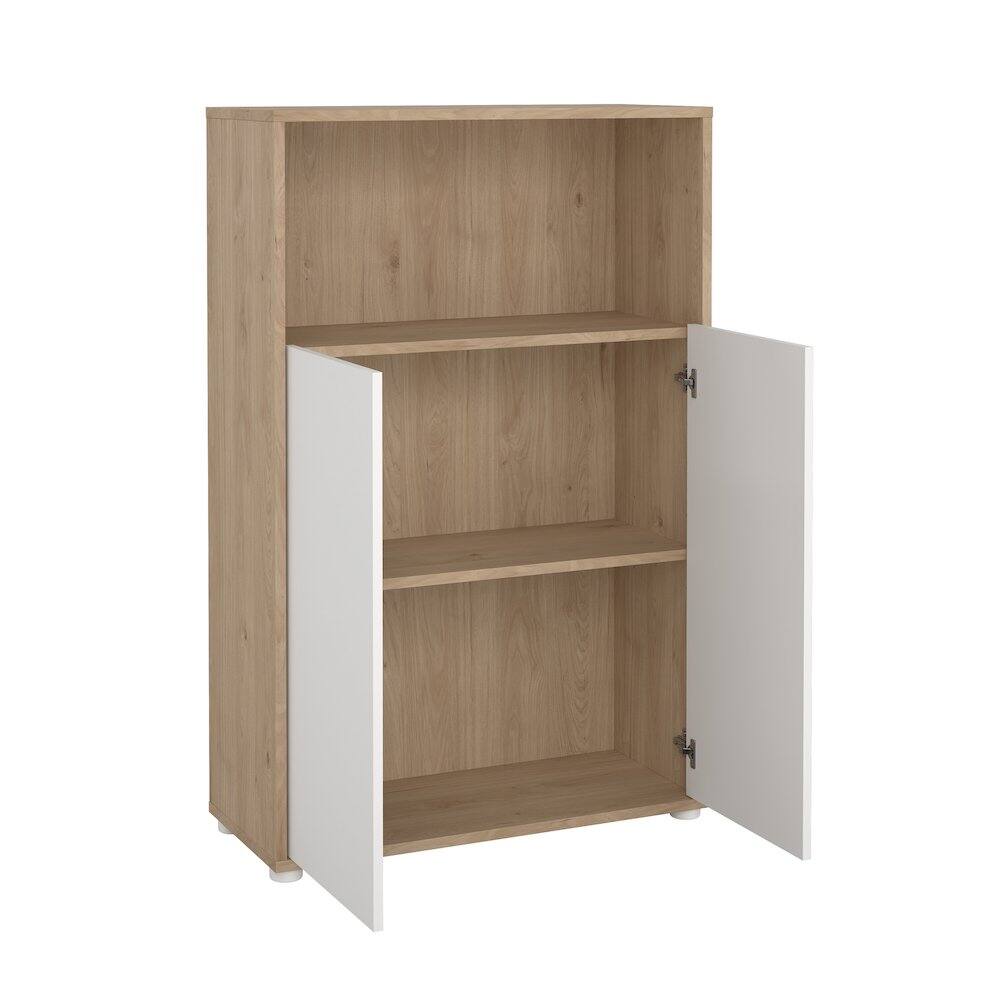 Back. Tvilum - Adjustable 3 Shelf Bookcase with 2 Doors, Open Storage Home Office Bookshelf - Brown.