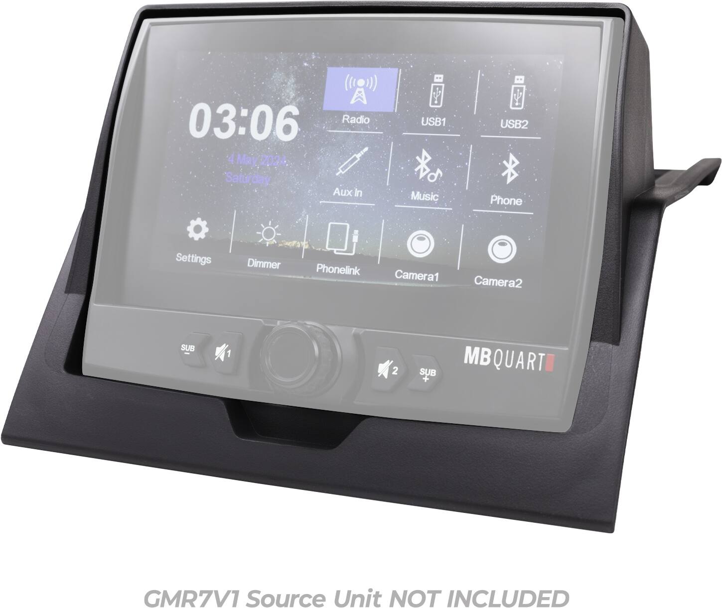 The text on the image reads: "03:06 Radio 4 May 2024 Saturday AuxIn In USB1 Music USB2 Phone Settings Dimmer Phonelink Camera1 Camera2 SUB 1 2 SUB MB QUART GMR7V1 Source Unit NOT INCLUDED."