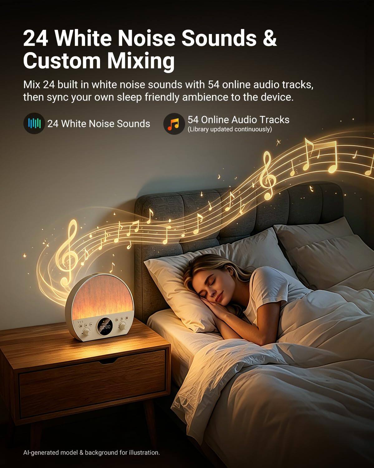24 White Noise Sounds & Custom Mixing

Mix 24 built-in white noise sounds with 54 online audio tracks, then sync your own sleep-friendly ambience to the device.

24 White Noise Sounds
54 Online Audio Tracks (Library updated continuously)

AI-generated model & background for illustration.