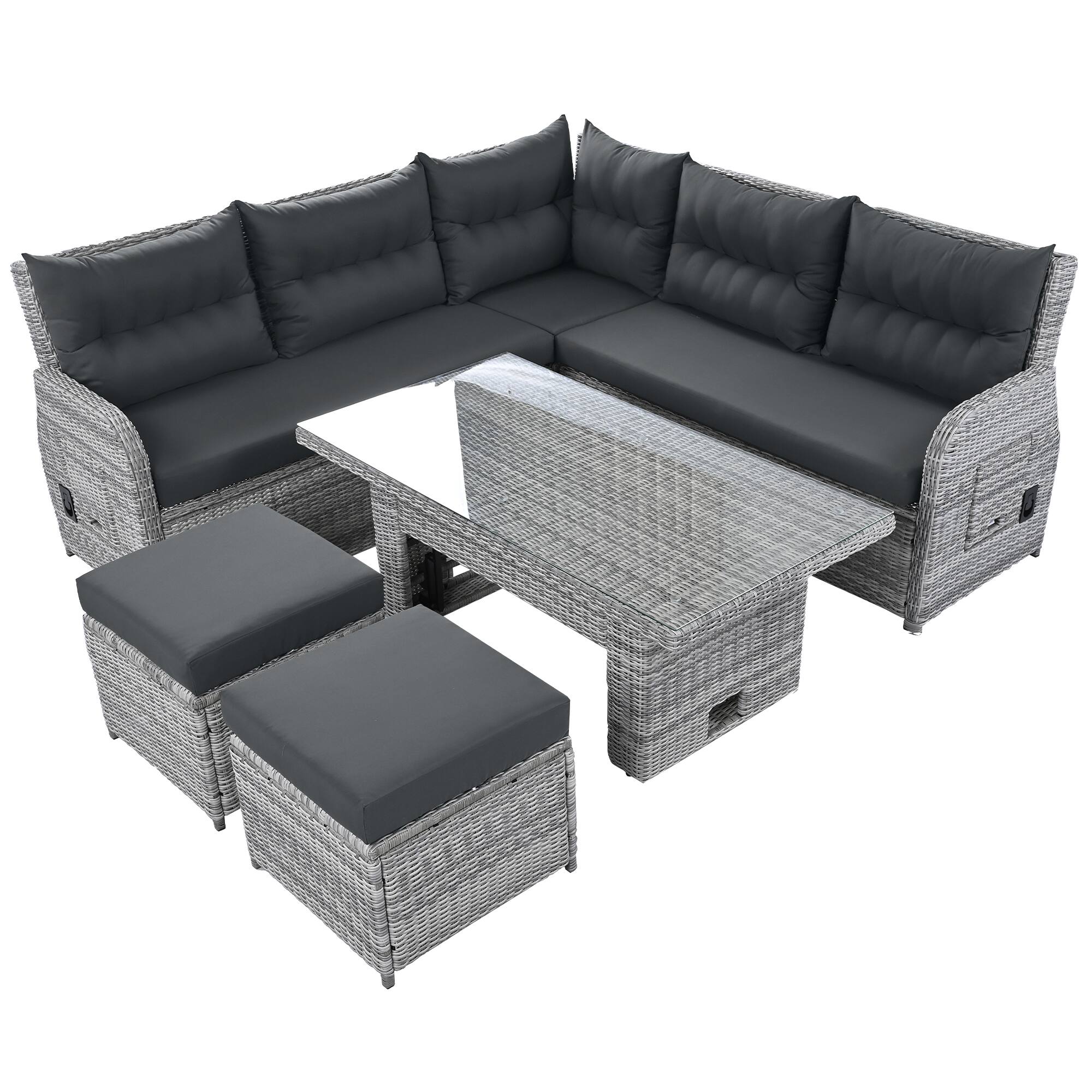 Angle. Mondawe - Outdoor Rattan Furniture Set with an Adjustable Table, Recliners with Extendable Side Tables, and Two Ottomans - Grey.