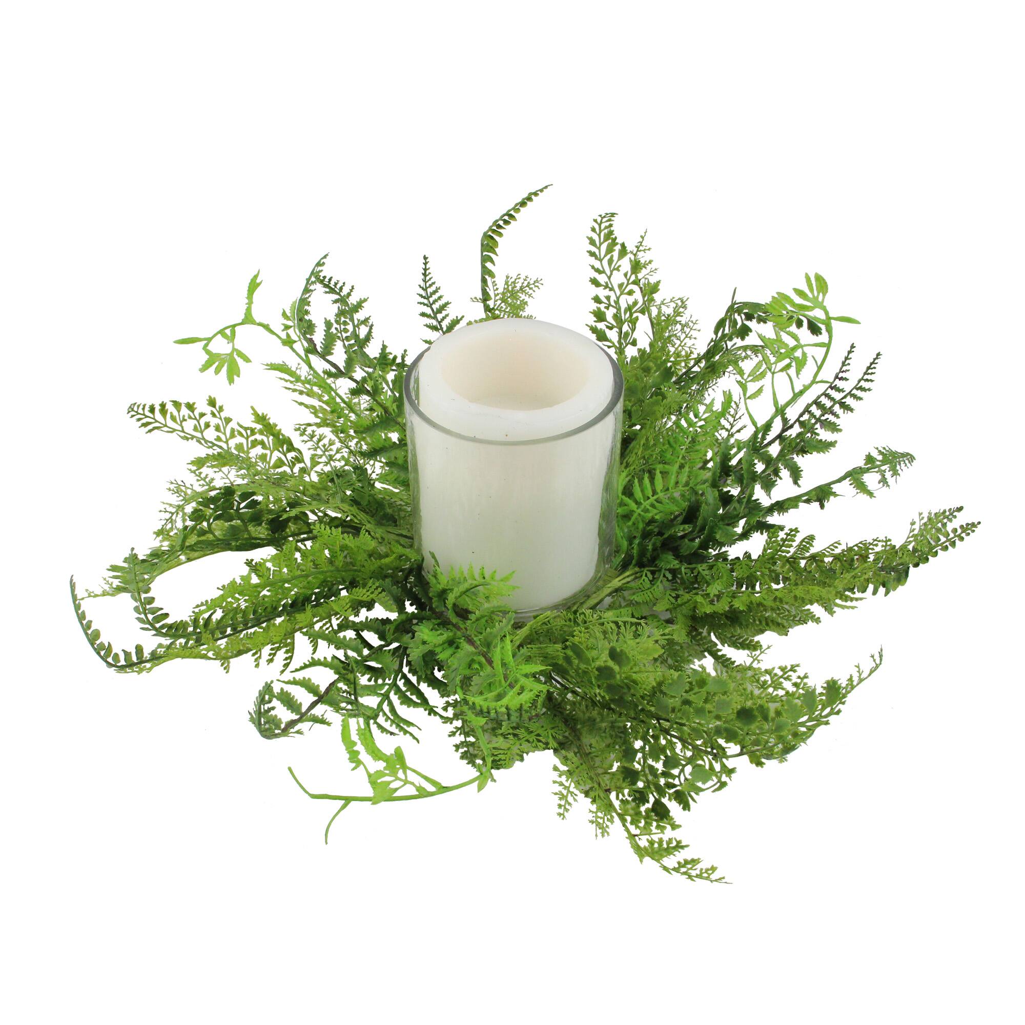 Front. Select Artificials - 17" Decorative Artificial Mixed Green Fern Hurricane Glass Candle Holder - Green.