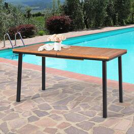 Costway - 55" Patio Rattan Dining Table Acacia Wood Table Top Umbrella Hole - Natural