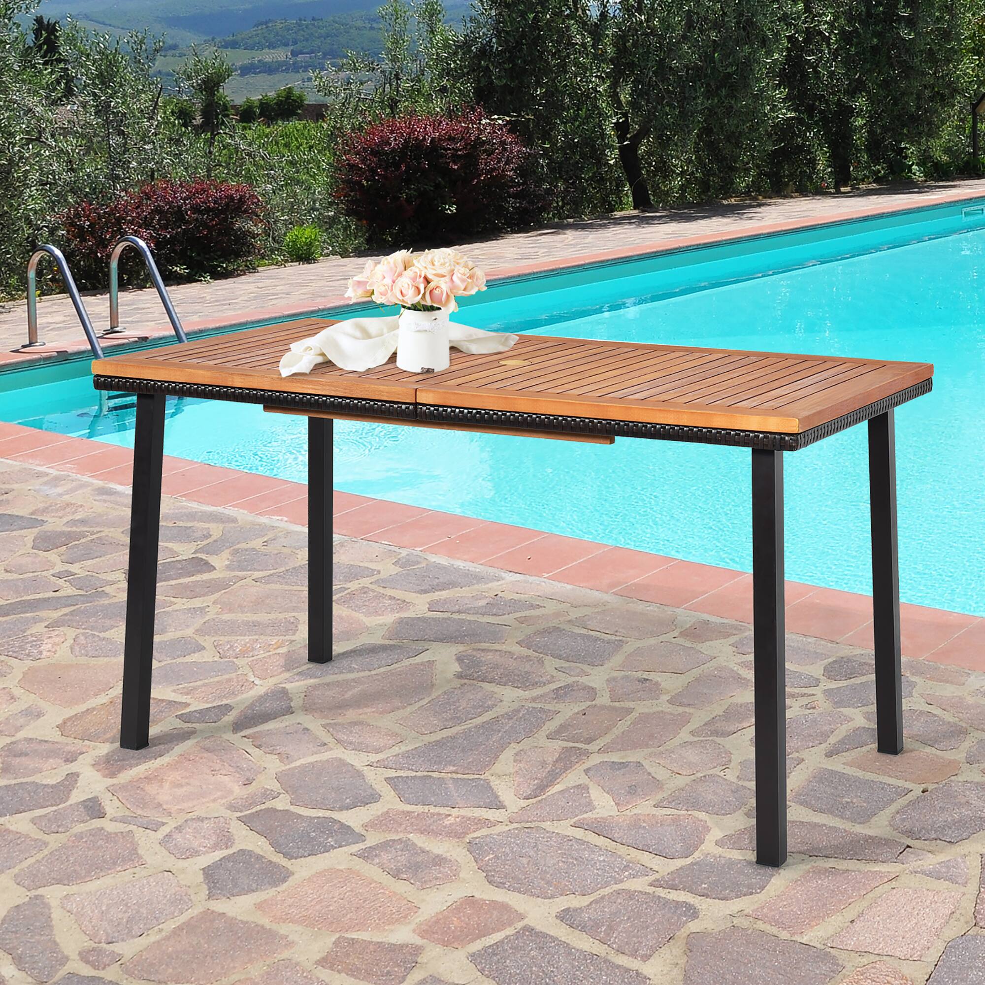 Front. Costway - Costway 55" Patio Rattan Dining Table Acacia Wood Table Top Umbrella Hole - Natural.