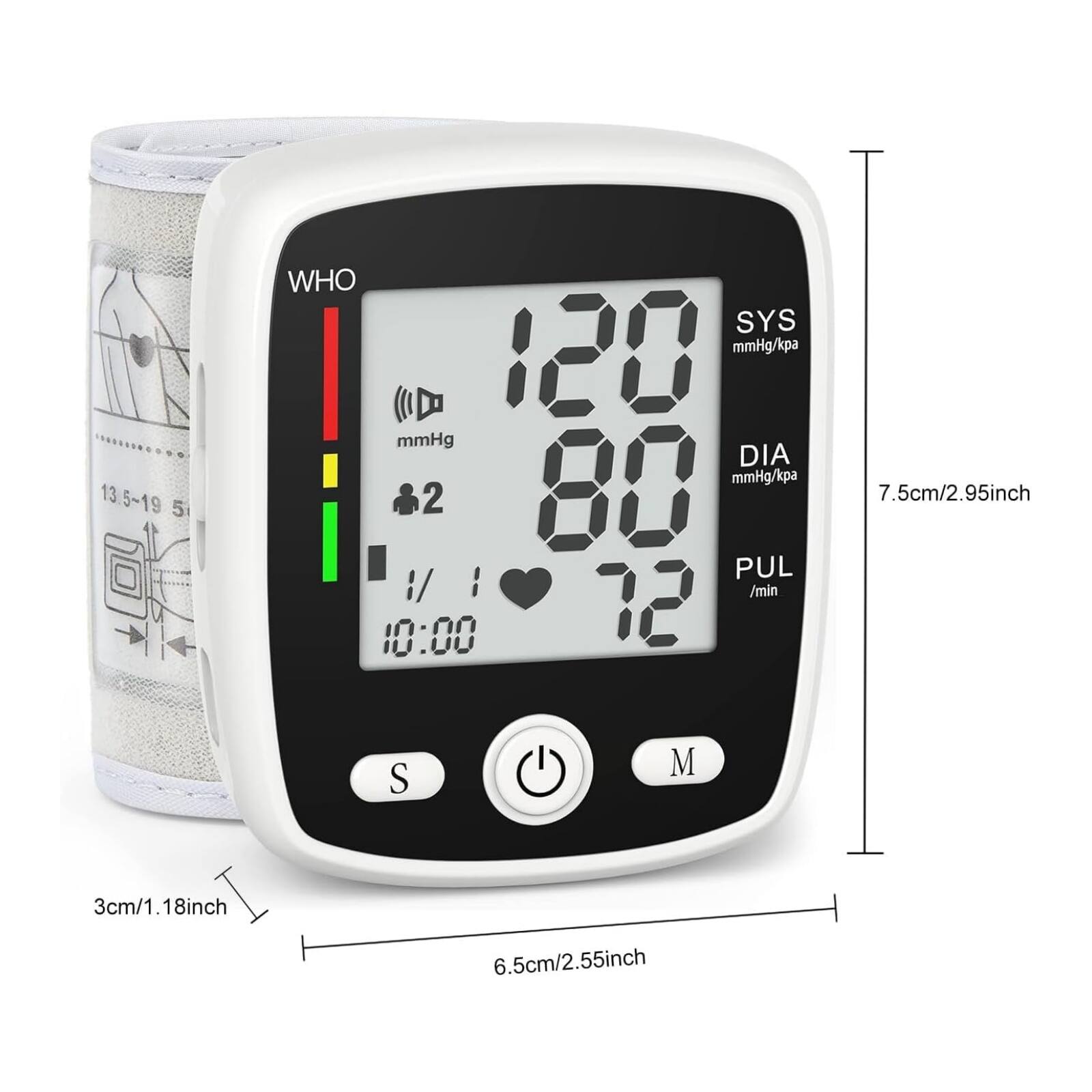 13.5~19.5 WHO SYS 120 mmHg/kpa mmHg DIA mmHg/kpa +2 80 80 PUL :/ I /min 10:00 12 I M S 7.5cm/2.95inch 3cm/1.18inch 6.5cm/2.55inch