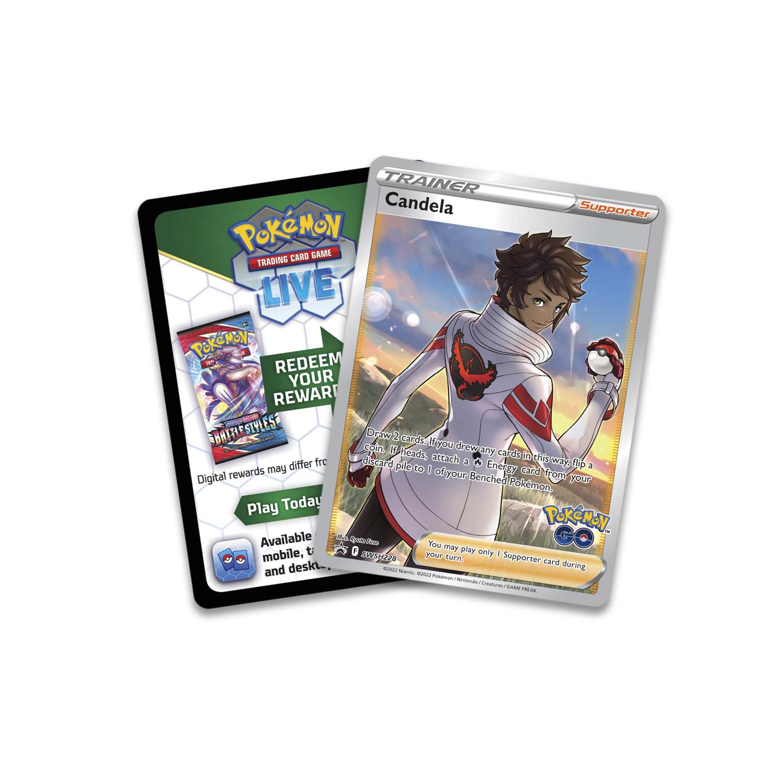 TRAINER Candela Supporter  
POKÉMON GAME TRADING CARD LIVE  
REDEEM YOUR REWARD  

Draw 2 cards. If you drew any cards this way, flip a coin. If heads, attach a Energy card from your discard pile to 1 of your Benched Pokémon.  

Digital rewards may differ from the card.  
Play Today!  
Available on mobile, tablet, and desktop.  

You may play only 1 Supporter card during your turn.