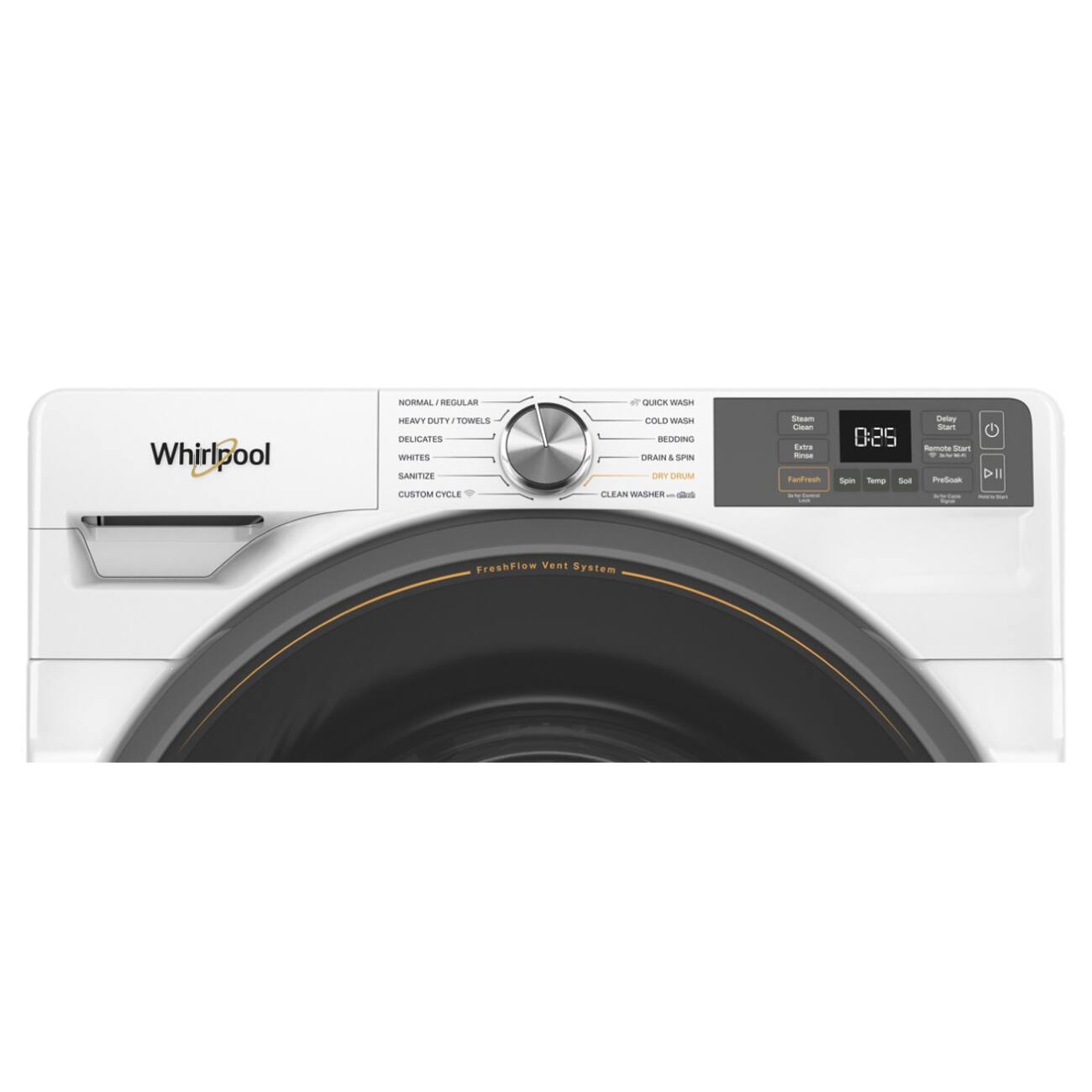 NORMAL / REGULAR  
HEAVY DUTY / TOWELS  
DELICATES  
WHITES  
SANITIZE  
CUSTOM CYCLE  

QUICK WASH  
COLD WASH  
BEDDING  
DRAIN & SPIN  
DRY & SPIN  
CLEAN WASHER  

Steam  
Extra Rinse  
FanFresh  
Spin  
Temp  
Sol  
PreSoak  
Whiter  

Delay Start  
0:25  
Remote Start  

FreshFlow Vent System