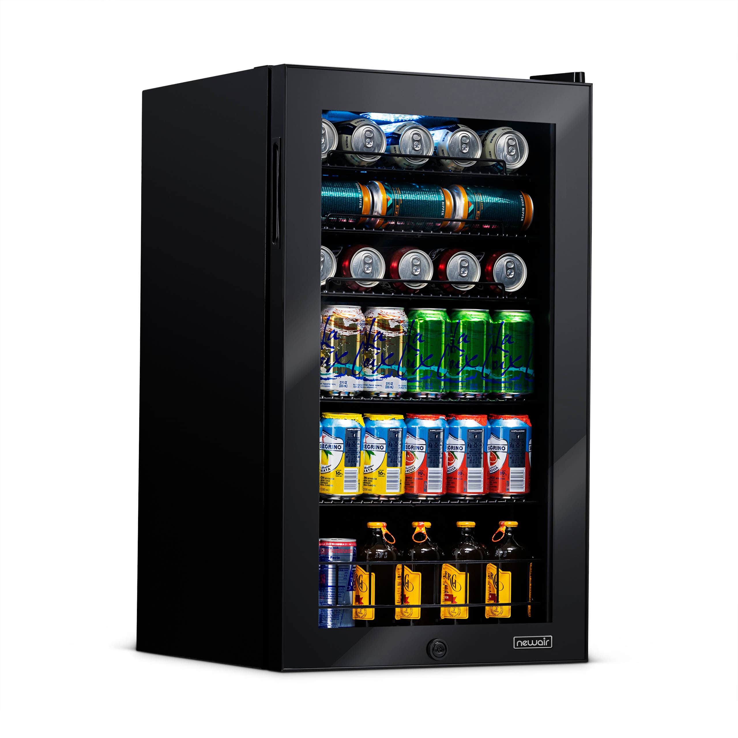 The image shows a black refrigerator with a variety of drinks inside. There are multiple cans of soda, including Coca-Cola, and a few bottles of beer. The refrigerator is stocked with a diverse selection of beverages, making it an appealing option for those looking to quench their thirst.
