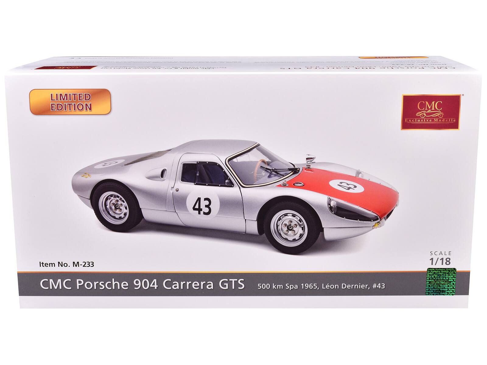 R6 .... E.3EN .. LIMITED EDITION CMC Exclusive Modelle 43 43 Item No. -233 SCALE 1/18 CMC Porsche 904 Carrera GTS 500 km Spa 1965, Léon Dernier, #43
