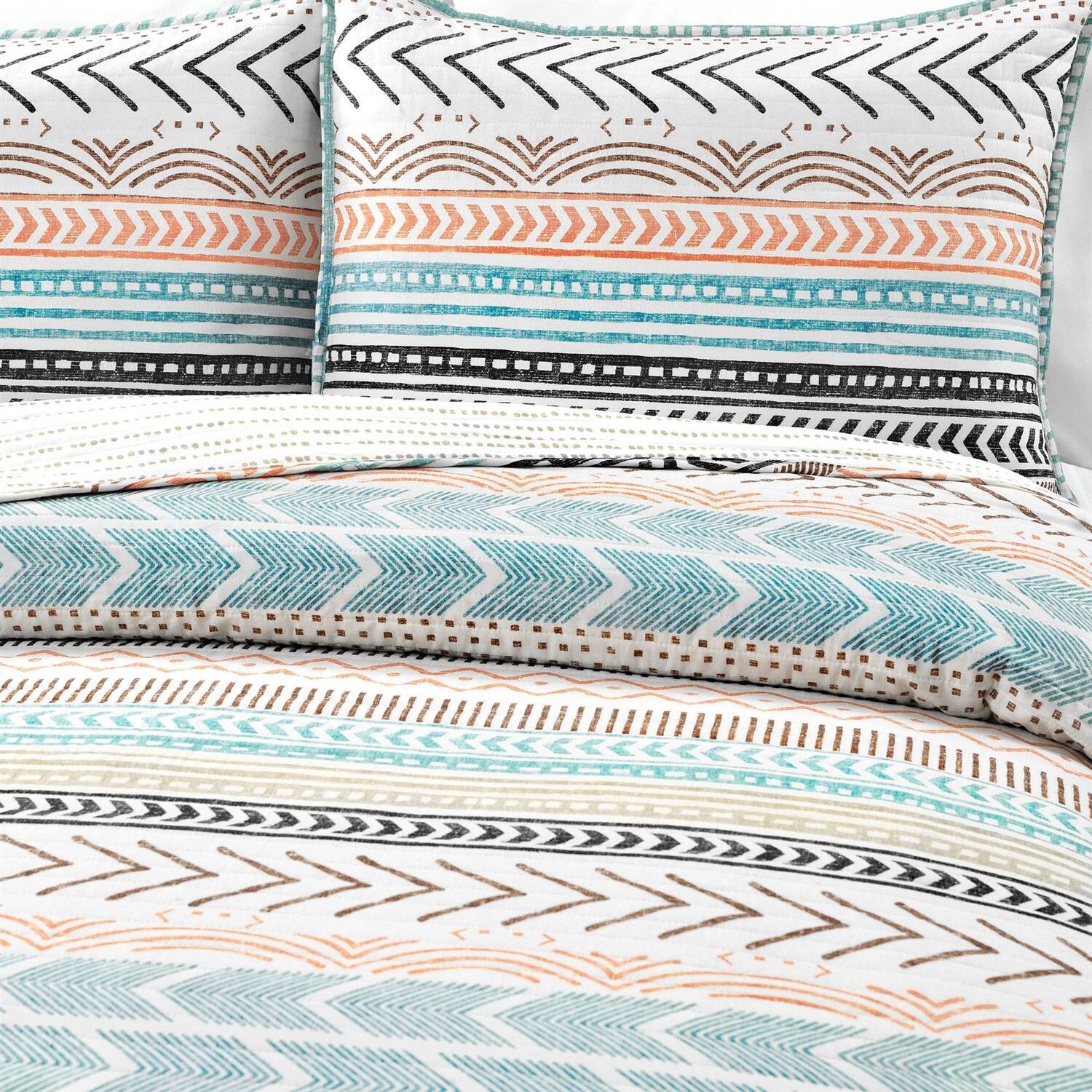 Left. Hivvago - Full/Queen Scandinavian Chevron Teal White Orange Reversible Cotton Quilt Set - White Orange.