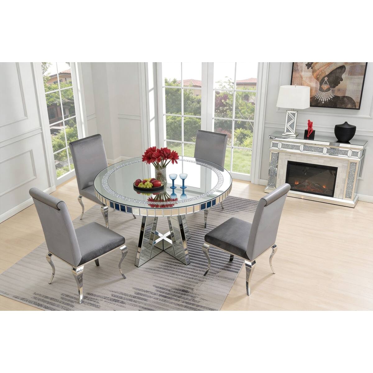 Alt View 7. Loheer - Loheer Round Mirrored Dining Table with Crushed Diamond Glass Top and Mirrored Base - Silver.