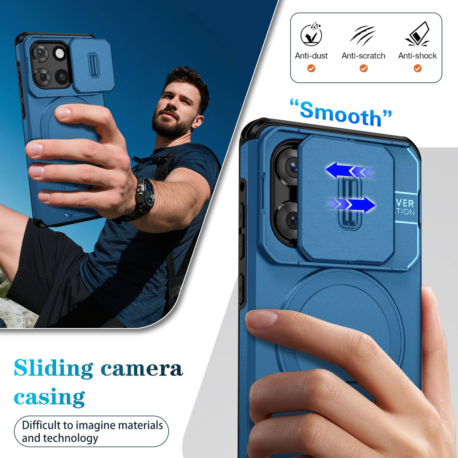 Anti-dust  
Anti-scratch  
Anti-shock  
"Smooth"  
Sliding camera casing  
Difficult to imagine materials and technology