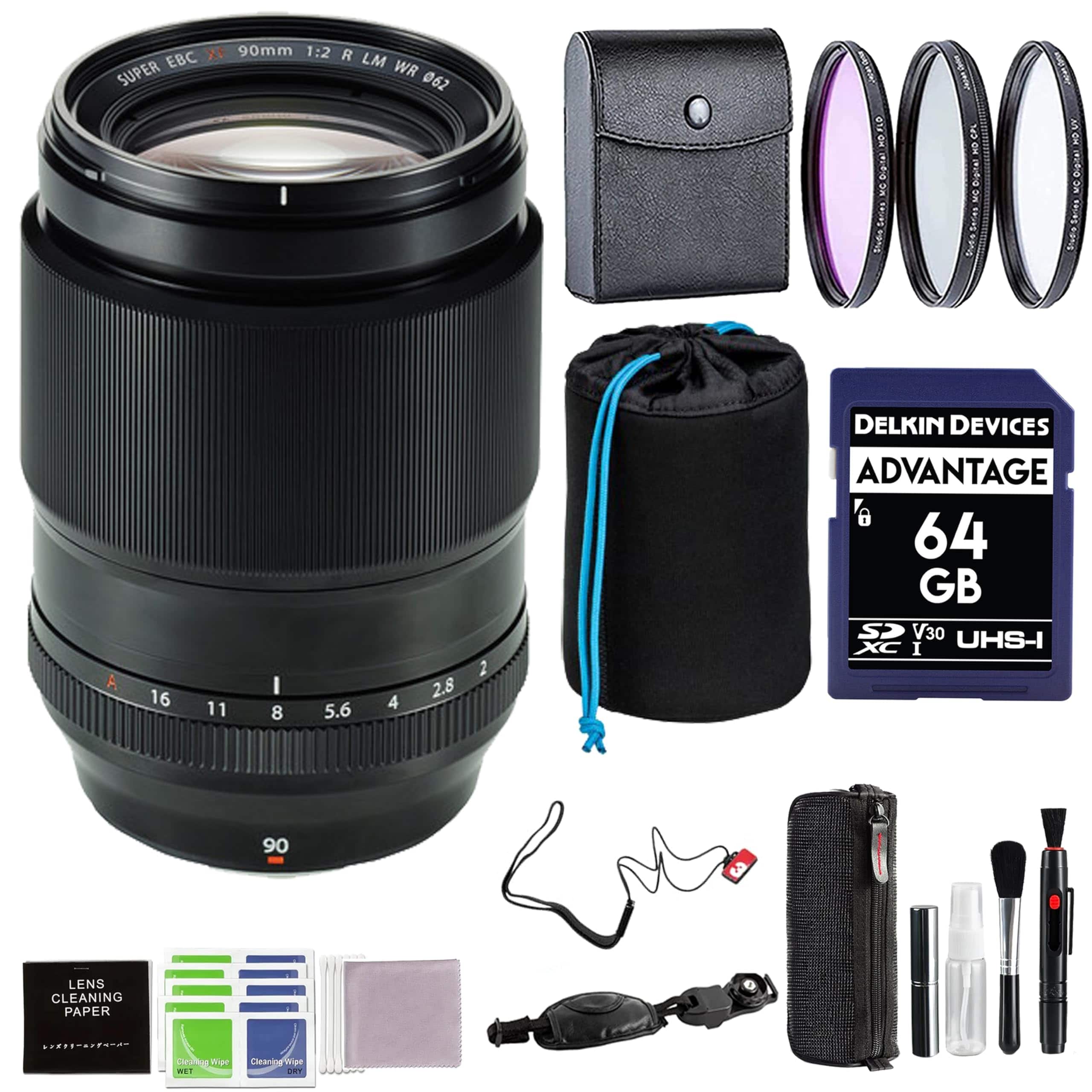 Bundle - Fujifilm - XF 90mm F2 R LM WR Lens with 62mm 3PC Filter Kit, 64GB SD Card, & More