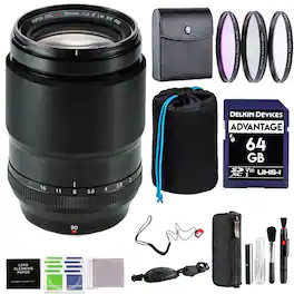 Bundle - Fujifilm - XF 90mm F2 R LM WR Lens with 62mm 3PC Filter Kit, 64GB SD Card, & More