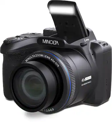 The image features a Minolta camera with a zoom lens. The lens has a 40x zoom and is equipped with OIS technology, making it suitable for capturing wide-angle shots. The camera is capable of taking photos with a 20.0 + m 1:3.0-6.8 aperture. The lens is mounted on the camera, ready for use.