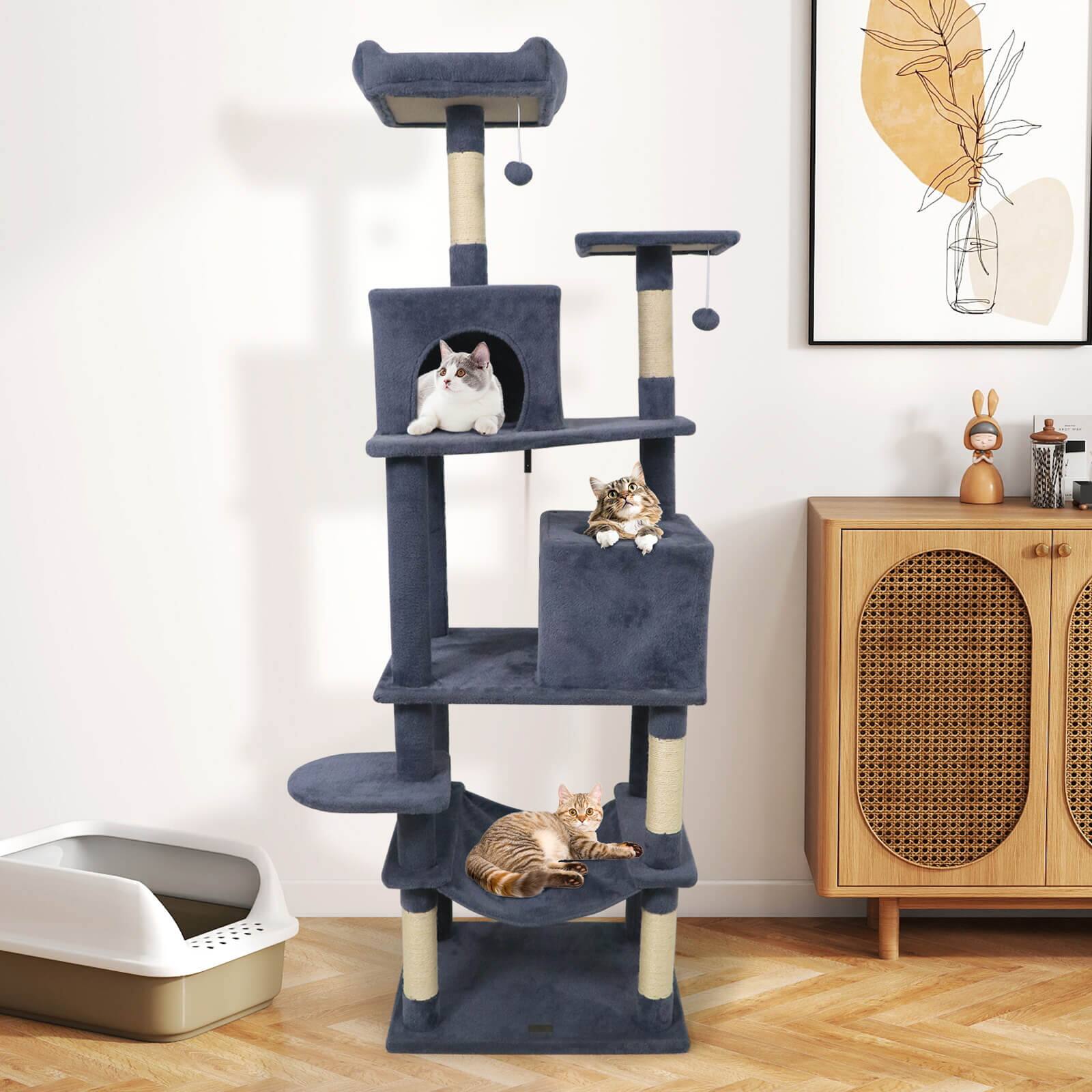 Alt View 3. Costway - Costway 70" Cat Tree for Indoor Cats with Padded Top Perch, Dual Condos, Hammock, Platforms - Dark Gray.