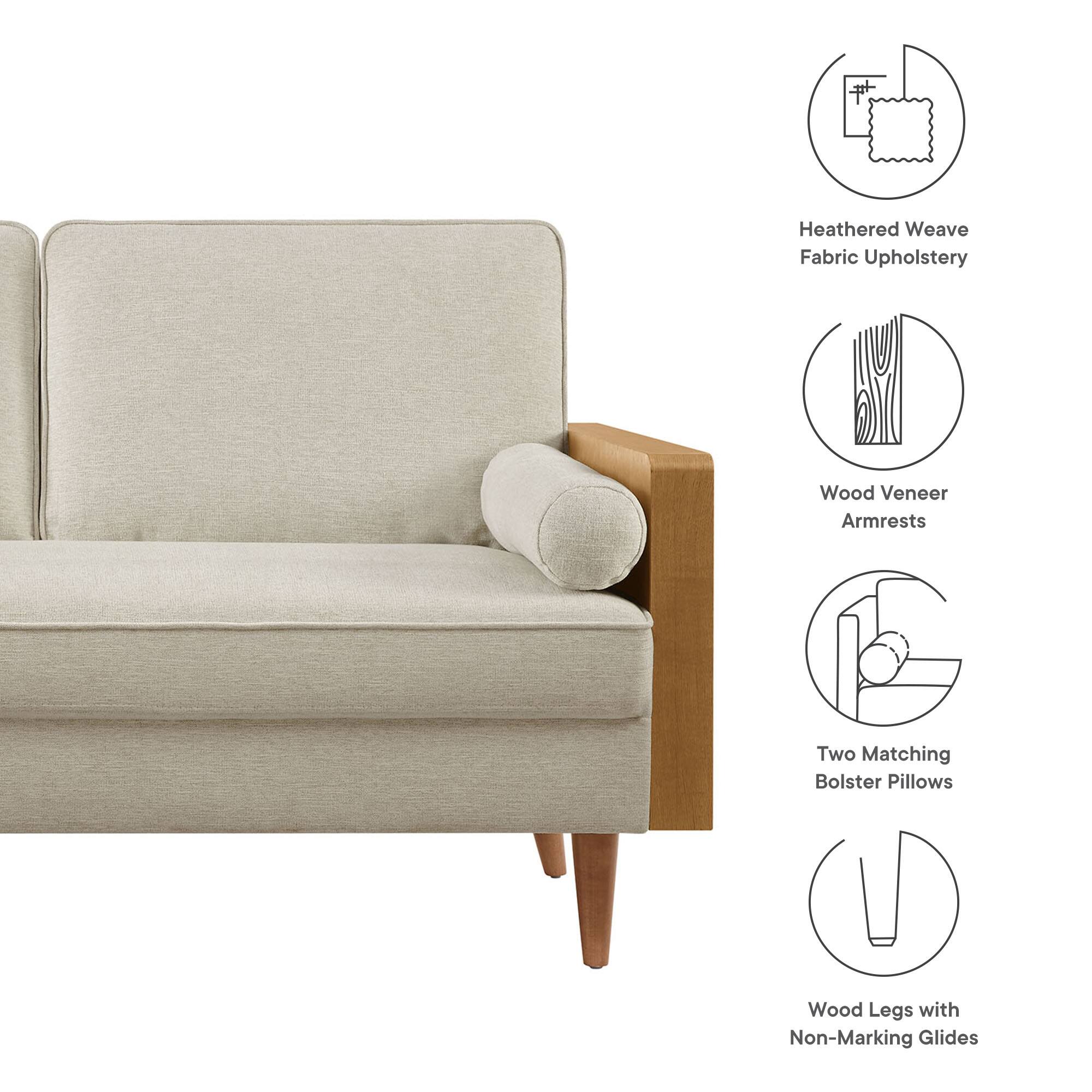 Heathered Weave Fabric Upholstery  
Wood Veneer Armrests  
Two Matching Bolster Pillows  
Wood Legs with Non-Marking Glides