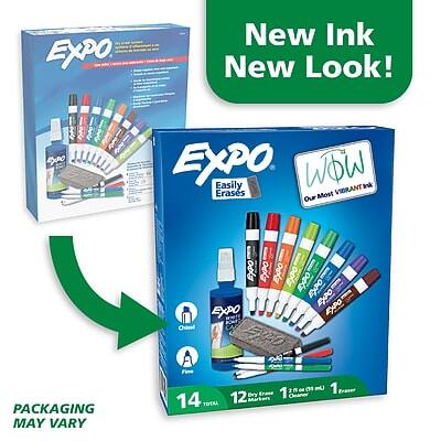 **New Ink New Look!**

**EXPO**

**Easily Erases**

**Our Most VIBRANT Ink Yet!**

**PACKAGING MAY VARY**

**14 Total**

**12 Dry Erase Markers**

**1 Chisel**

**1 Eraser**