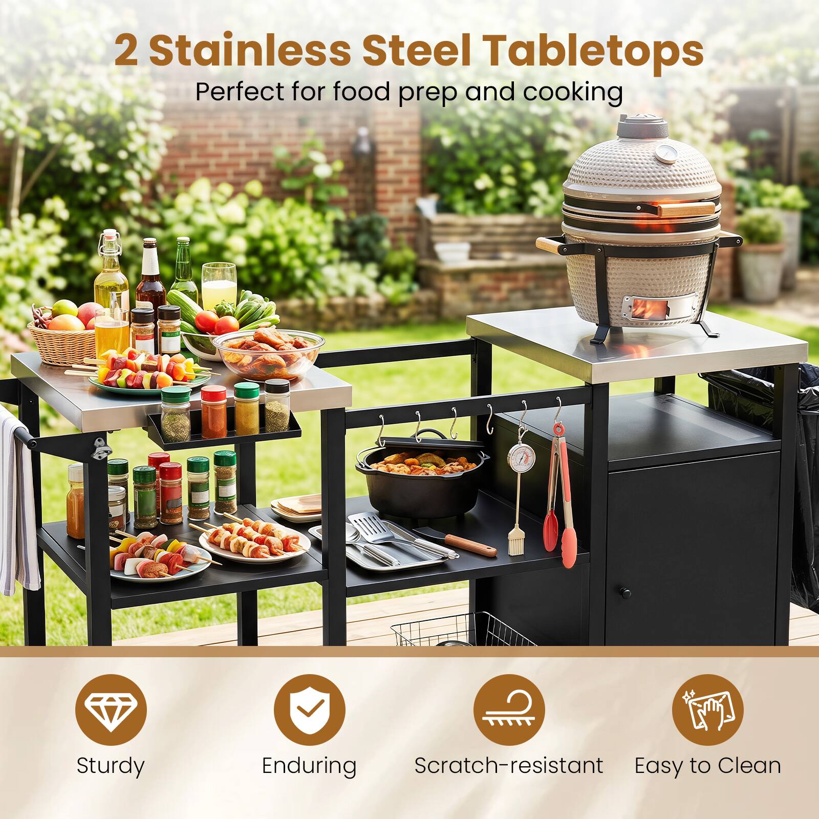 Costway Outdoor Grill Cart with Cabinet Stainless Steel Tabletop Hooks ...